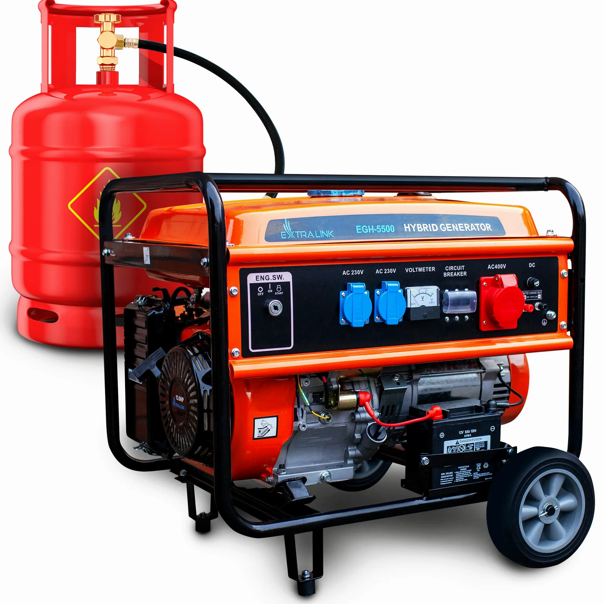 Extralink Groupe électrogène 5500W Essence/GPL | Moteur 188F-M, onde sinusoïdale pure, 2×230V & 1×400V, démarrage électrique | mobile et silencieux pour maison et chantier