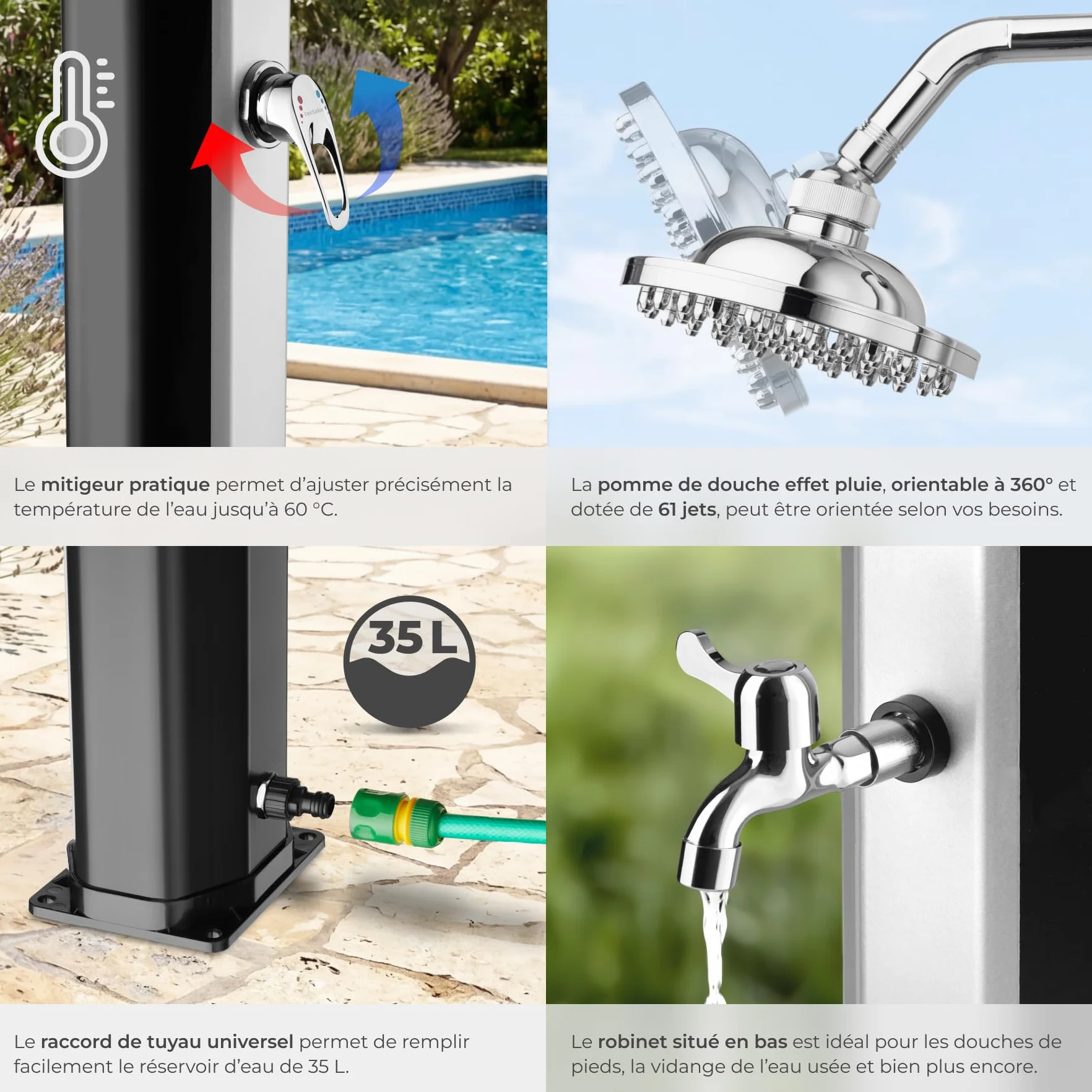 tectake Douche Solaire 35L multifonctionnelle Eau Chaude Pommeau de Douche Effet de Pluie Porte-Savon Housse de Protection Jardin Piscine Camping