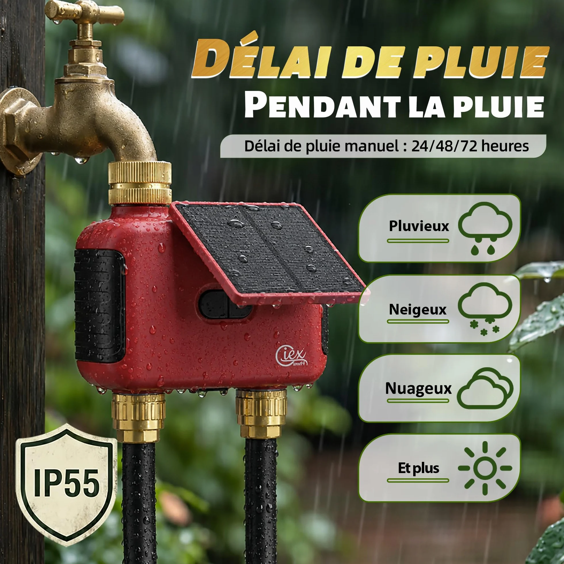 Programmateur d’arrosage WiFi 2 Zones, minuteur d’Eau Solaire Rechargeable Double Sortie, raccords en Laiton, sans hub, Compatible Alexa et Google Assistant