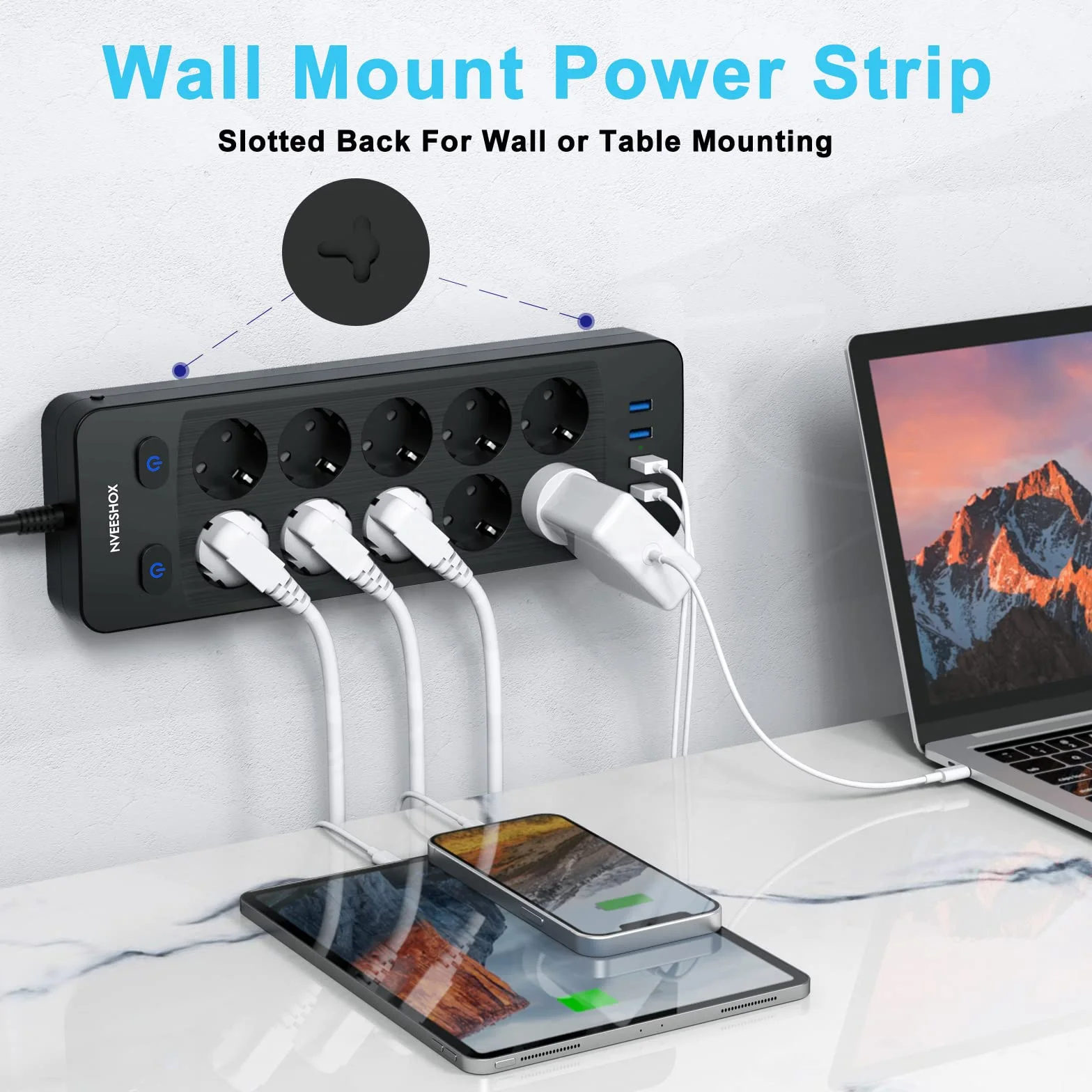 Multiprise Electrique 10 Prises 4 Ports USB Parafoudre 16A/3680W Câble 2M Noir