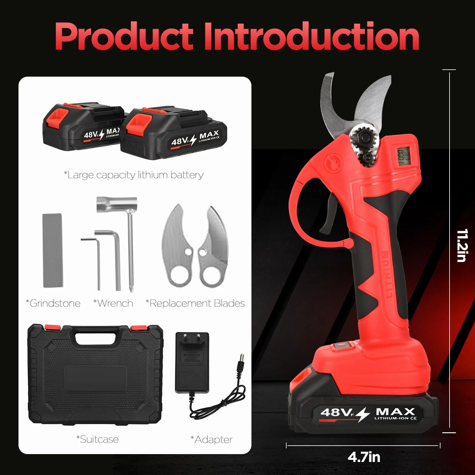 Sécateur Électrique Sans fil, 30mm Secateur Electrique, Sécateur Électrique Brushless avec 2 * 2000 mAh Batteries, Écran LCD, SK7 Lame, Professionnel Secateur à Batterie pour Jardinage, Arbre Fruitier