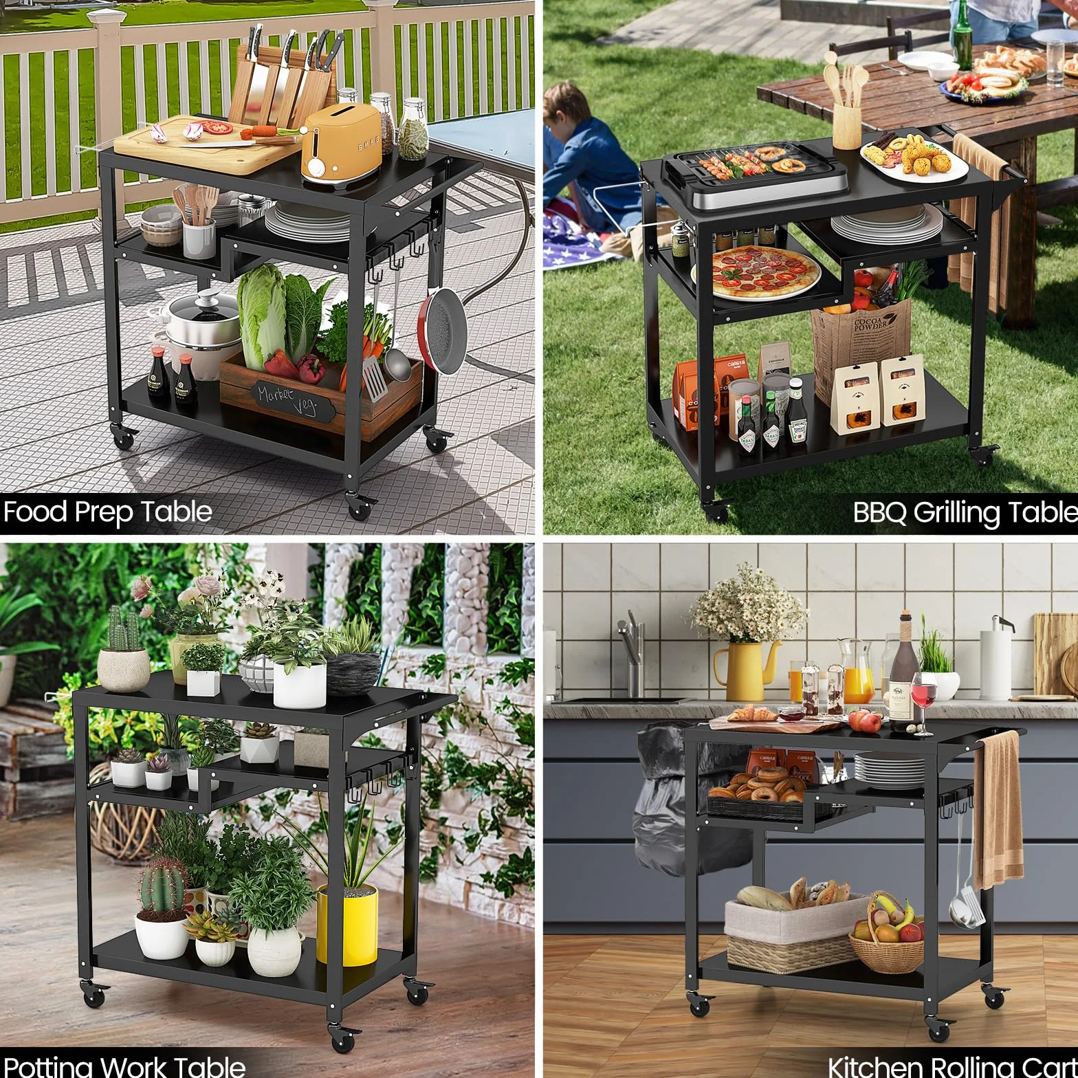 GOPLUS Desserte Jardin Exterieur Chariot Barbecue 4 Roues 4 Crochets Étagère 111x50.5x93 cm Charge 50kg