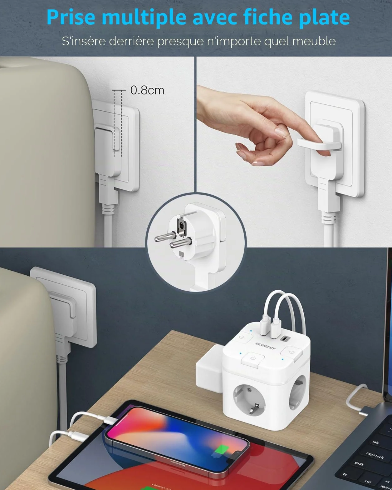 SUDEERY Cube de prise 6 en 1 avec USB C, 3 prises, prise plate, câble 2 m, multiprise USB type C, blanc