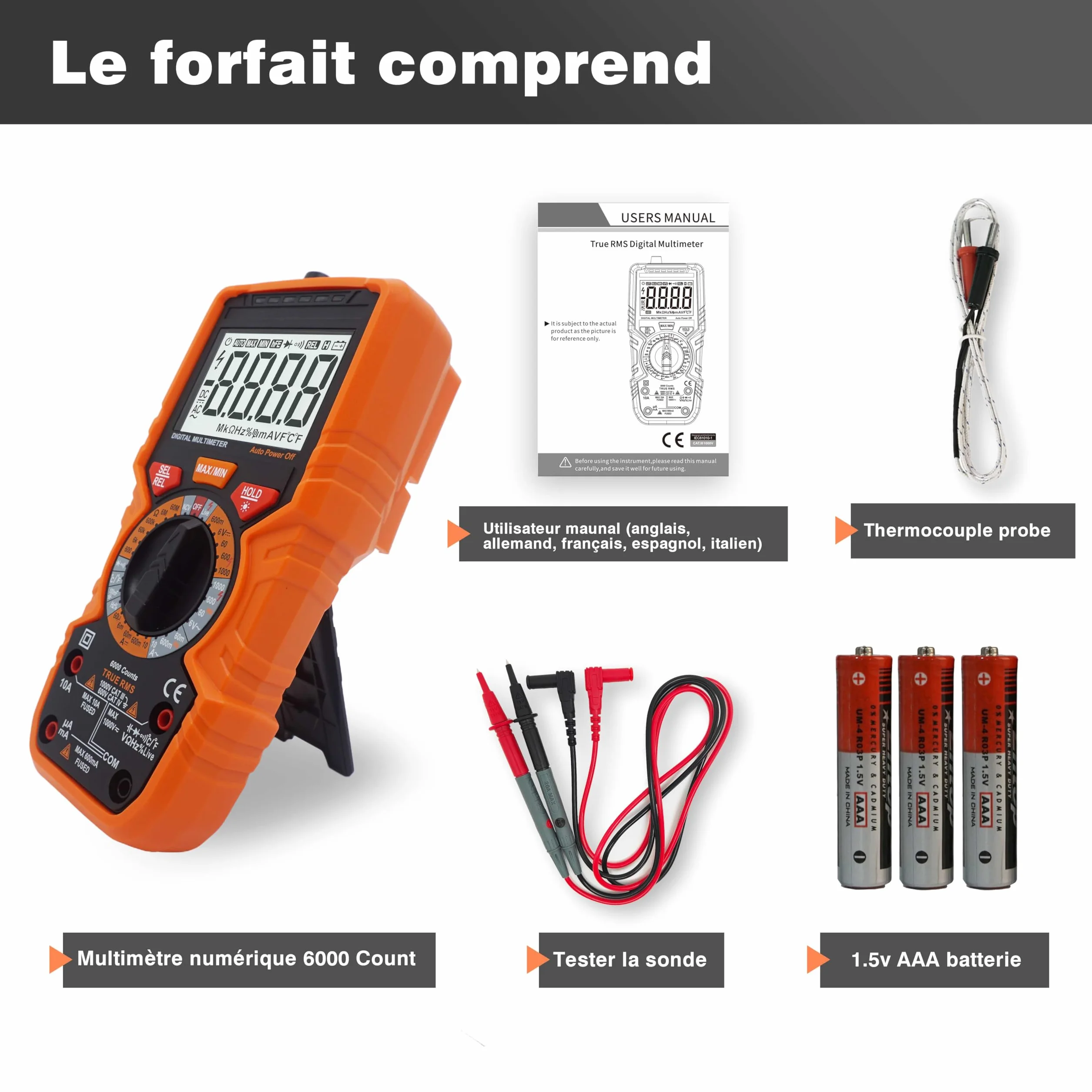 Multimètre numérique 6000 comptes RMS vrai voltmètre ampèremètre ohmmètre mesure tension courant résistance diode continuité température fréquence NCV écran LCD lampe de poche
