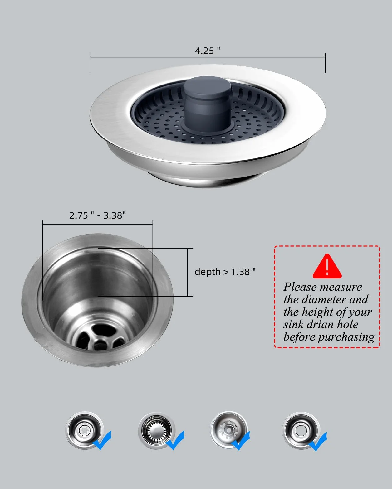 Hibbent Évier de Cuisine Passoire et Bouchon 3 en 1 Acier Inoxydable Anti-colmatage 70-86mm