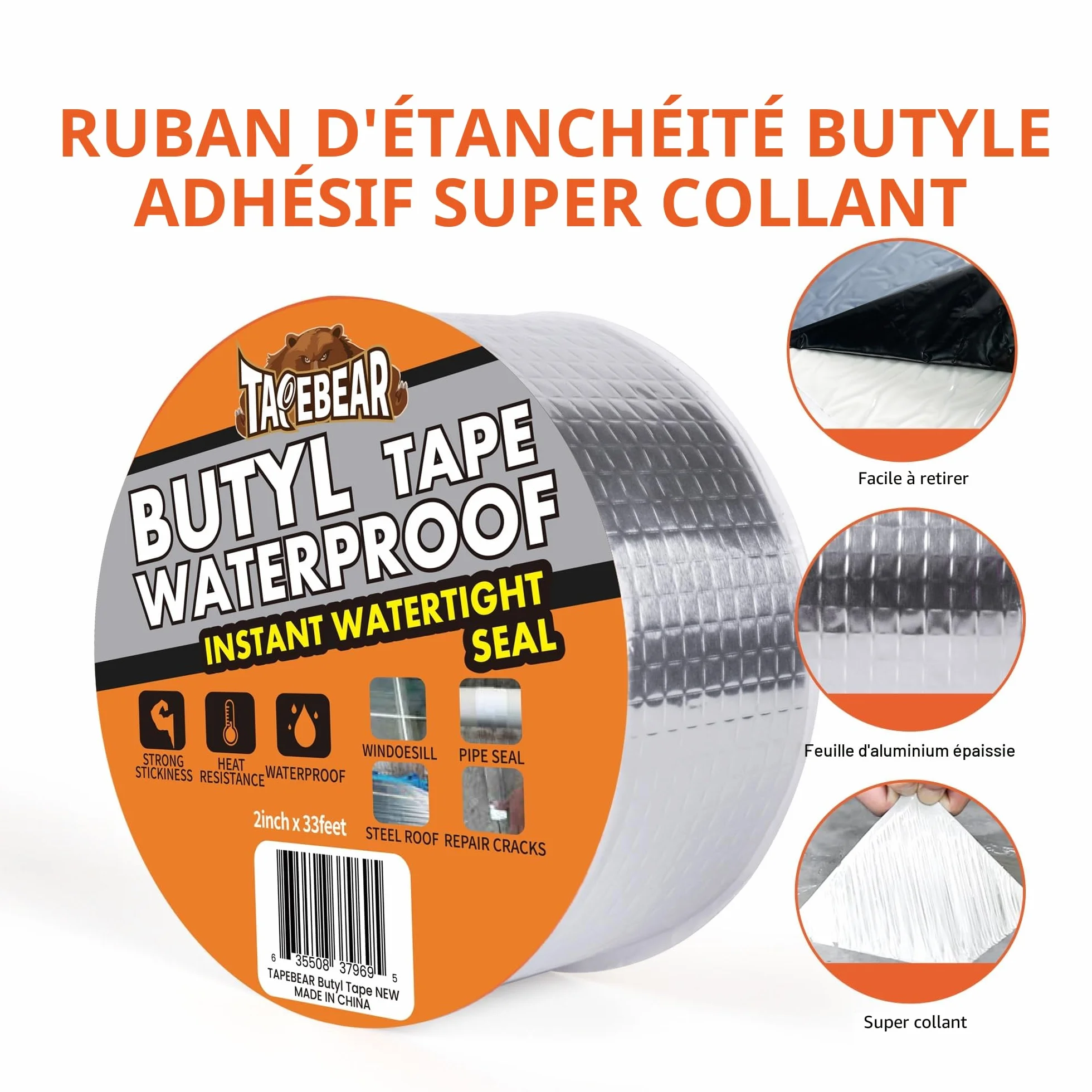 TAPEBEAR Ruban Butyle Étanche 50mm x 10m, Ruban Aluminium Imperméable Réparation Toit