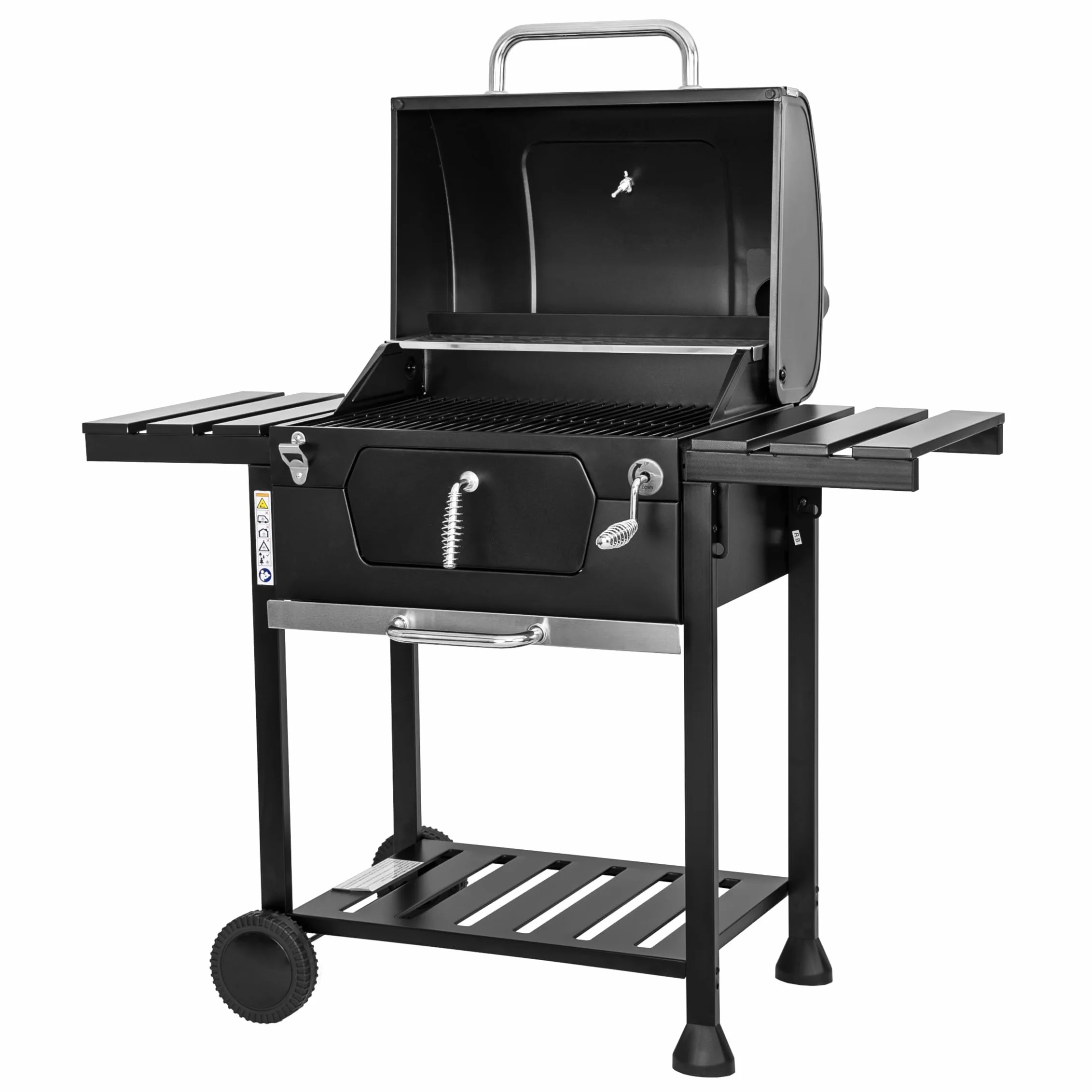 BRIGROS La voglia di fare MasterCook Barbecue à charbon en acier avec roues robustes et stables avec double grille, thermomètre et réglage panier barbecue, barbecue charbon avec étagères latérales