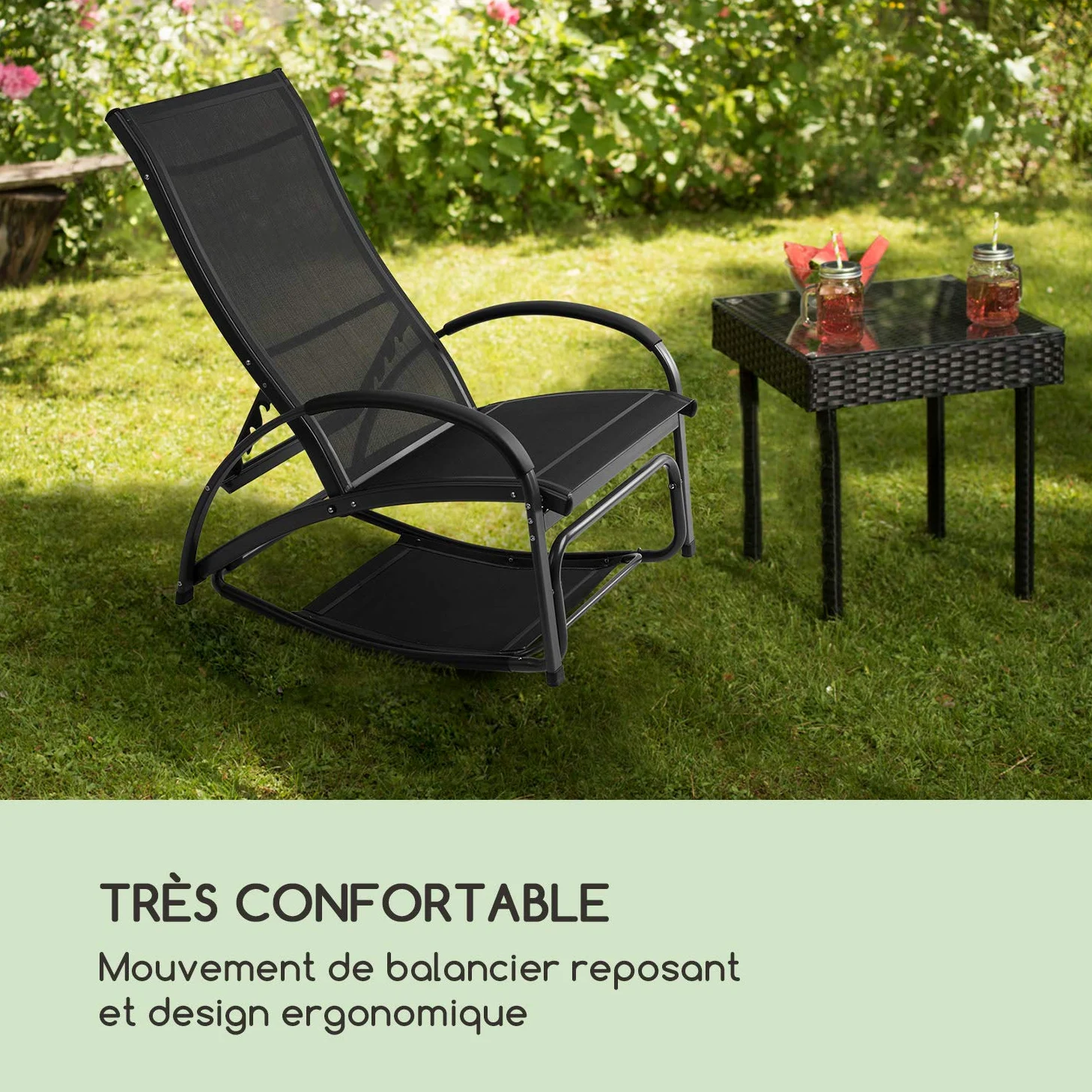 blumfeldt Beverlywood - Chaise Longue, Fauteuil à Bascule, Facile à Nettoyer, Cadre en Aluminium, Design Ergonomique, Comfort Mesh Respirant, 4 Positions, Noir
