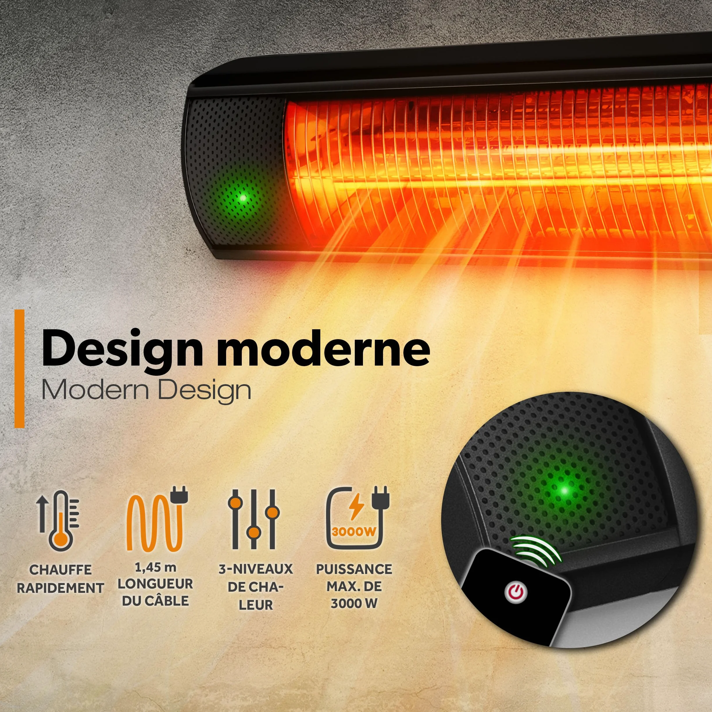TRESKO Radiateur infrarouge extérieur 3000W Chauffage radiant terrasse Noir