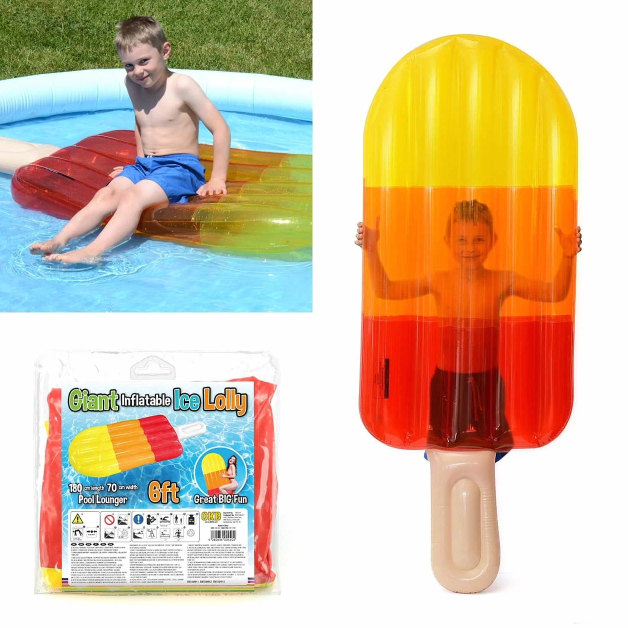 CKB LTD - Lit flottant gonflable géant de 1,83 m pour piscine en forme de sucette glacée - Lit d'air transparent pour piscine - Jouet d'eau en PVC pour les vacances - Couleur transparente JAUNE ORANGE