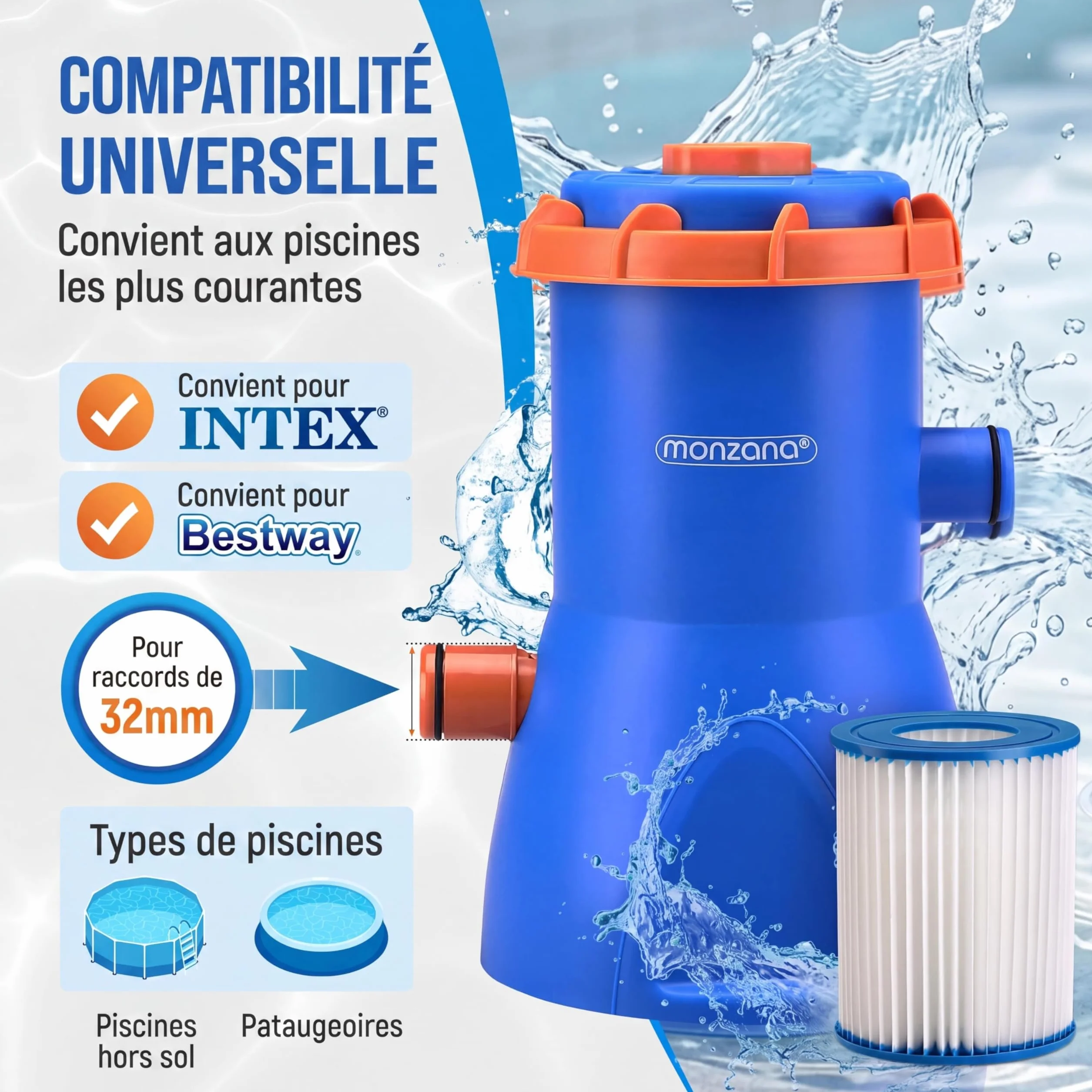 Monzana Pompe de Filtration pour Piscine MZP90 3.800 l/h Puissance 90W Cartouche de Filtration filtrante tuyaux Pompe Piscine Eau