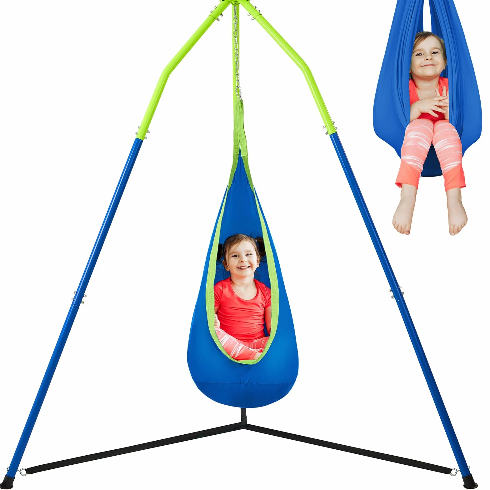 Ensemble de Hamacs 2-en-1 avec Support, Cadre Métallique Triangulaire, Acier Robuste 90 kg, Réglable en Hauteur