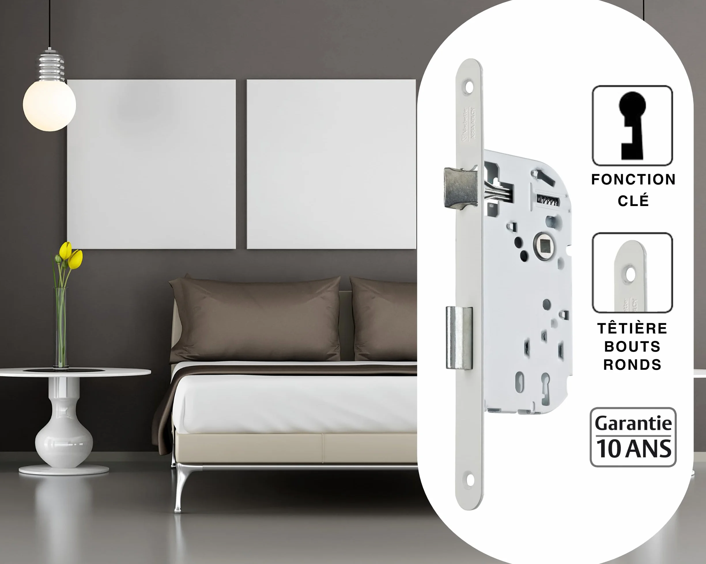 Vachette Serrure à Encastrer à clé Axe 40 mm Coffre 135 mm Réversible sans démontage Têtière bouts ronds Porte intérieure Blanc Gâche et Clé inclus