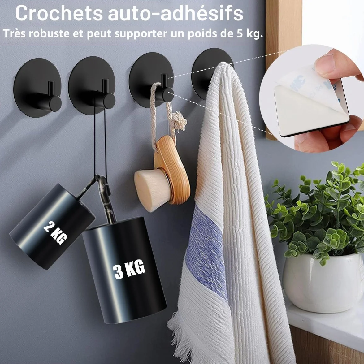 Crochet Adhésif Mural 2 Pièces Acier Inoxydable 304 Sans Percage Salle De Bain Cuisine Noir