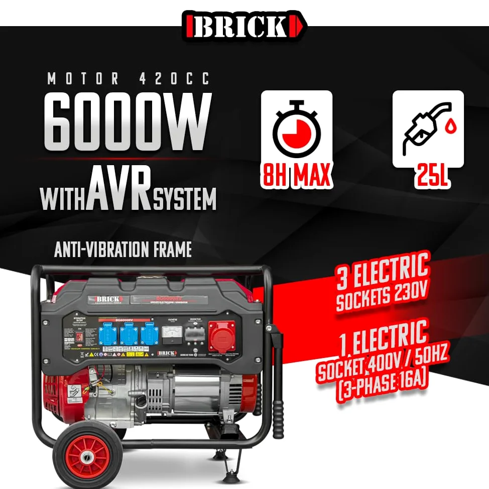 Groupe électrogène max 6000W avec roues et prise triphasée - Brick