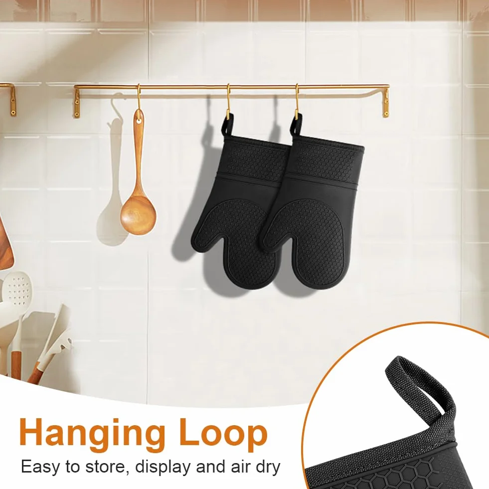 AUAUY 1 Paire Gants de Cuisine en Silicone avec 2 Maniques, Gants de Four Résistant à La Chaleur jusqu'à 240 °C, Gants de Cuisine Antidérapants pour Grillades, Cuisine, Four, Micro-Ondes, Noir