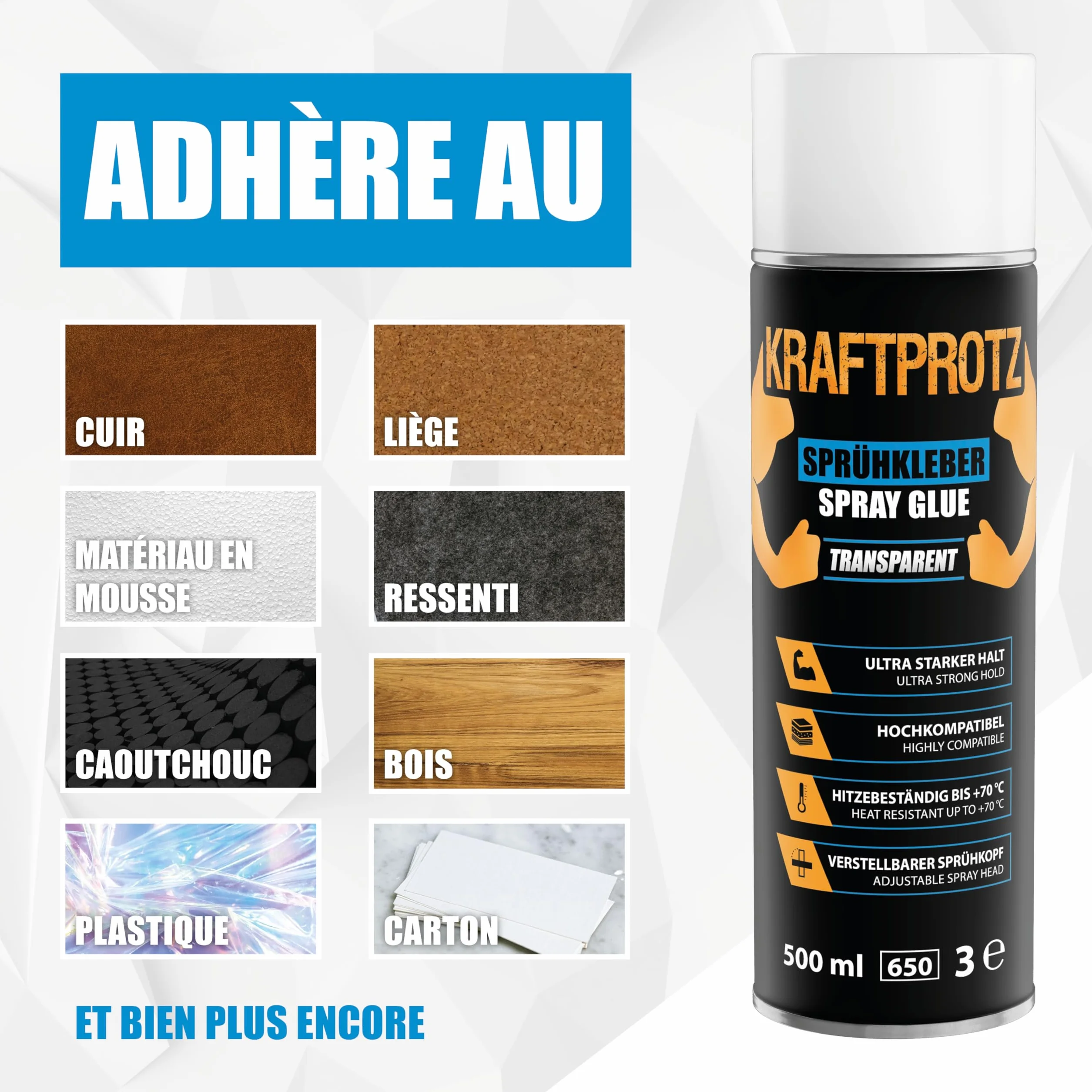 KRAFTPROTZ Colle en spray transparente ultra forte 500 ml résistante à +70 °C pulvérisation réglable