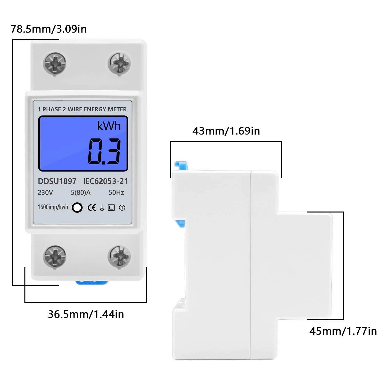 Compteur Électrique Monophasé 5(80) A 230V Écran LCD Rail DIN
