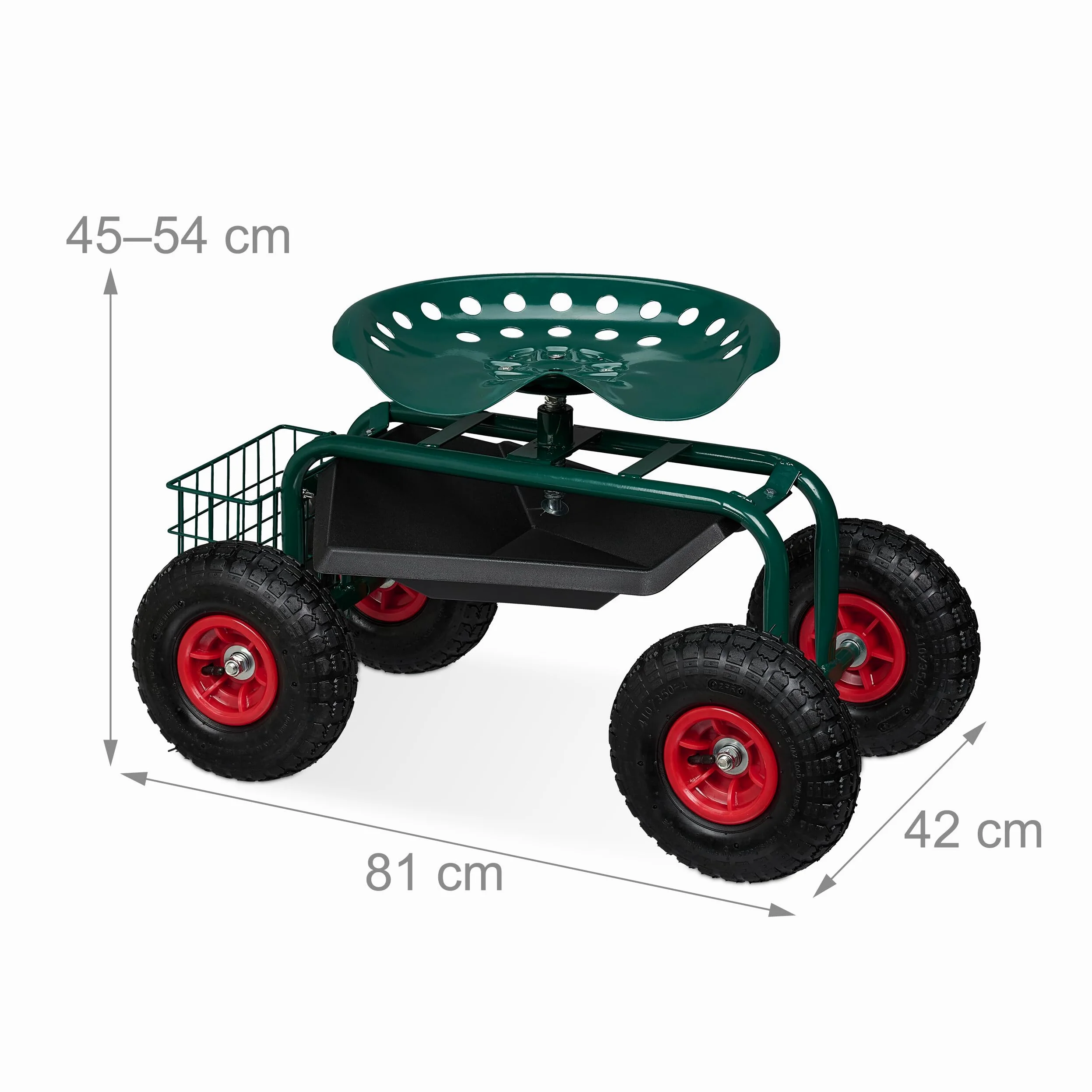 Relaxdays Siège Roulant de Jardin, Hauteur réglable, 150 kg, Accessoire Jardinage, Roues pneumatiques, Vert