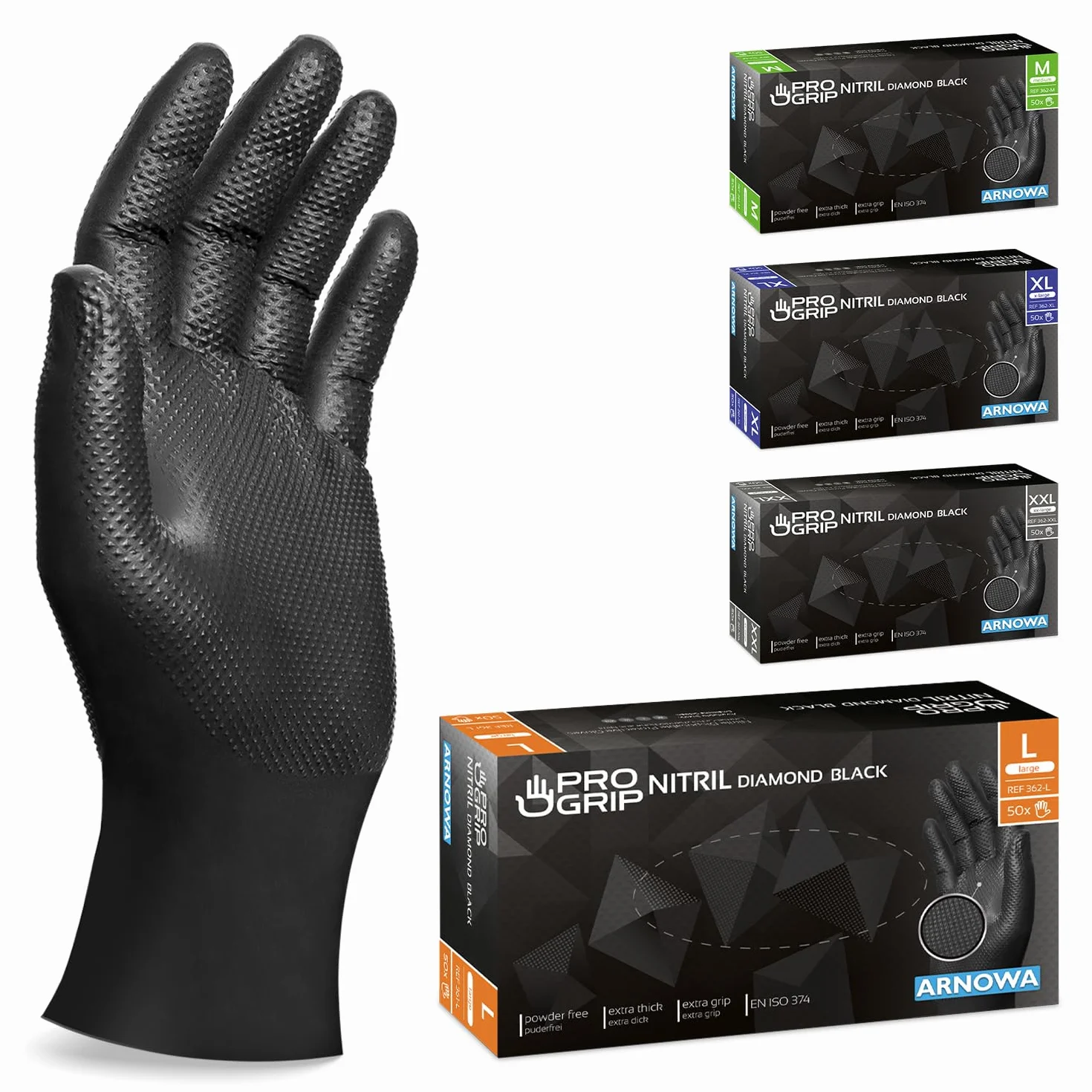 PROGRIP Gants nitrile taille L Noir double épaisseur texture diamantée usage unique atelier industrie montage