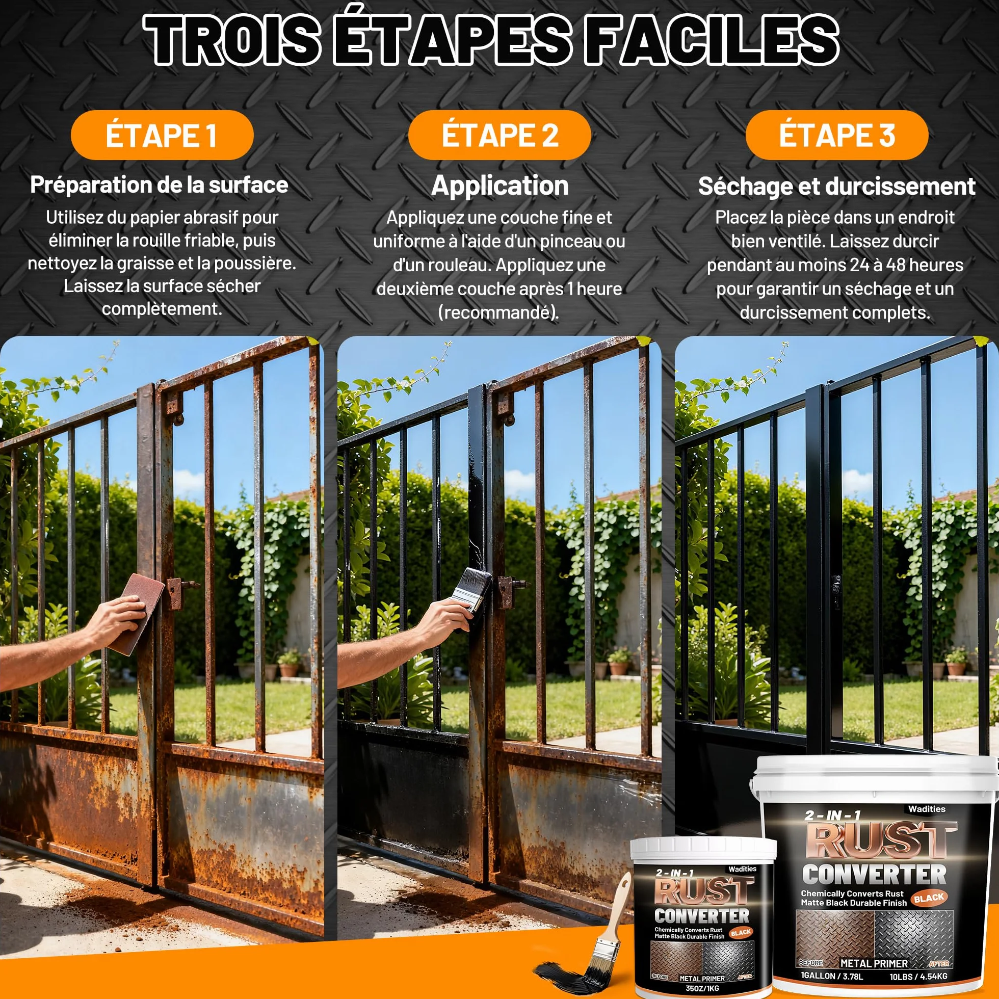 Wadities Convertisseur de rouille et apprêt métallique 2 en 1, 1kg peinture antirouille noire mate pour métal