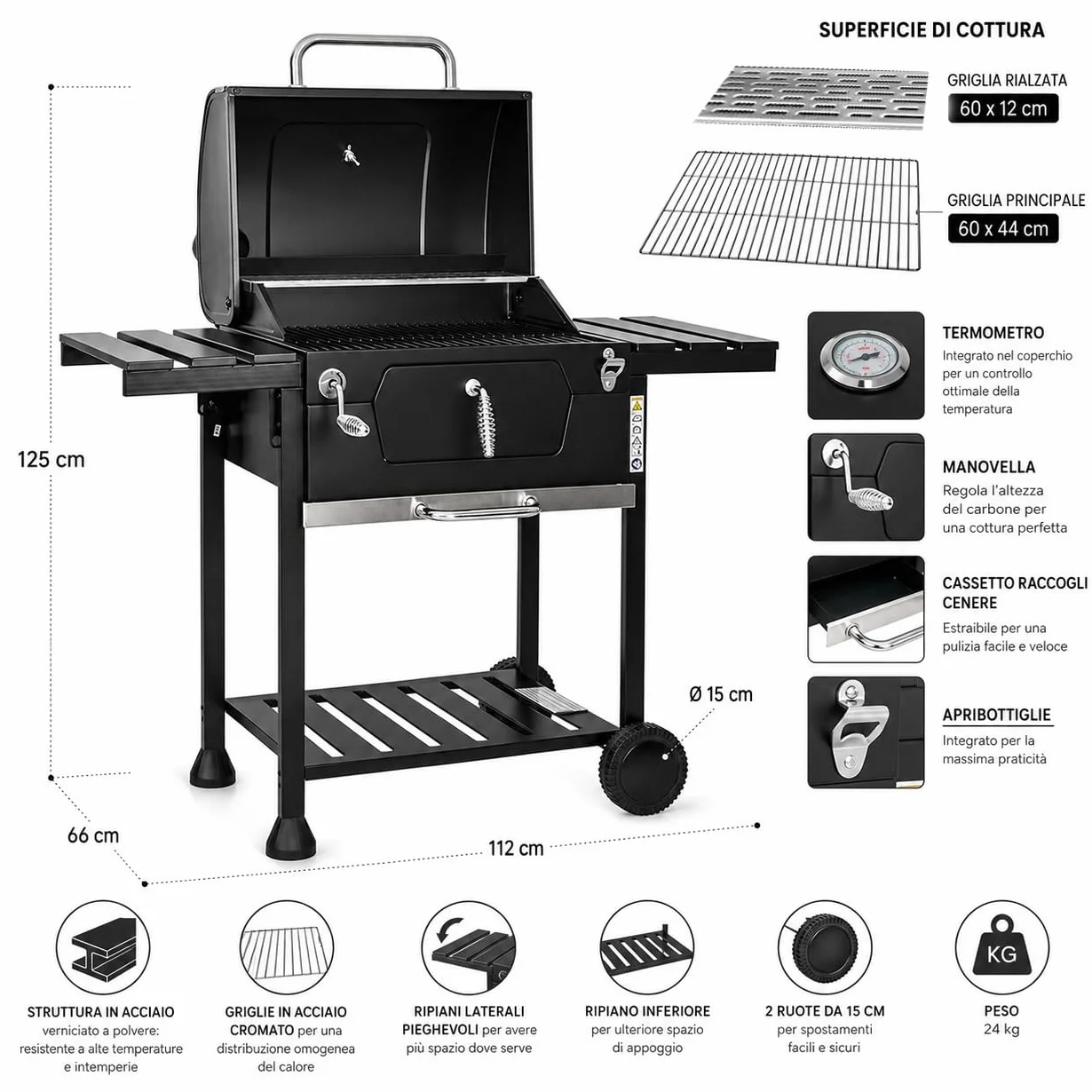 BRIGROS La voglia di fare MasterCook Barbecue à charbon en acier avec roues robustes et stables avec double grille, thermomètre et réglage panier barbecue, barbecue charbon avec étagères latérales