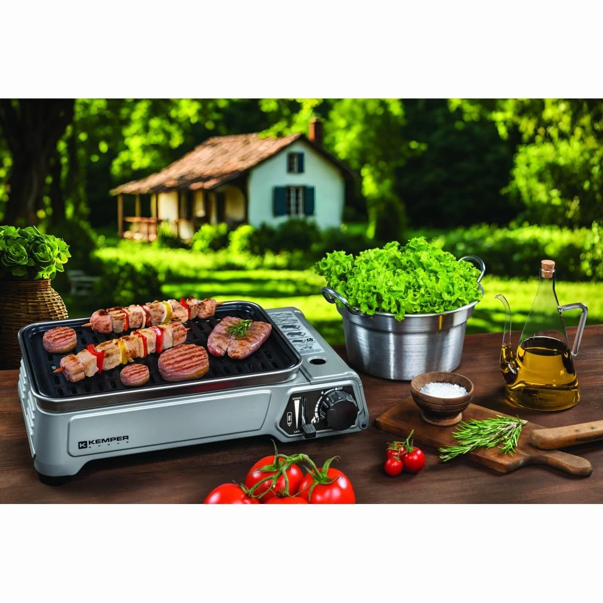 Kemper - Barbecue Portable à gaz 1900 W Grille Anti-adhésive + Mallette Transport + kit 16 Cartouches Butane Piézo Bac récupérateur