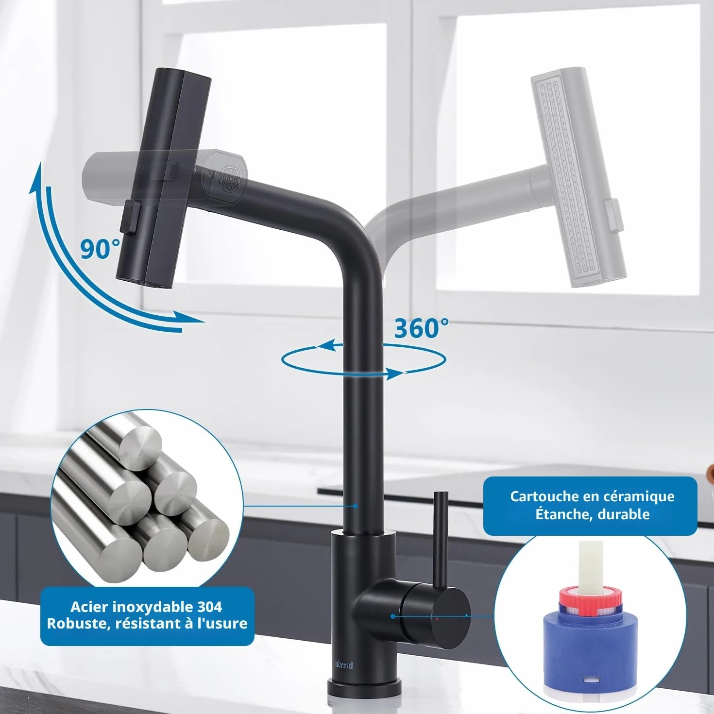 Mitigeur Cuisine Noir Cascade, Douchette Extractible 3 Modes, Robinetterie Evier Escamotable Rotatif 360° Acier Inoxydable