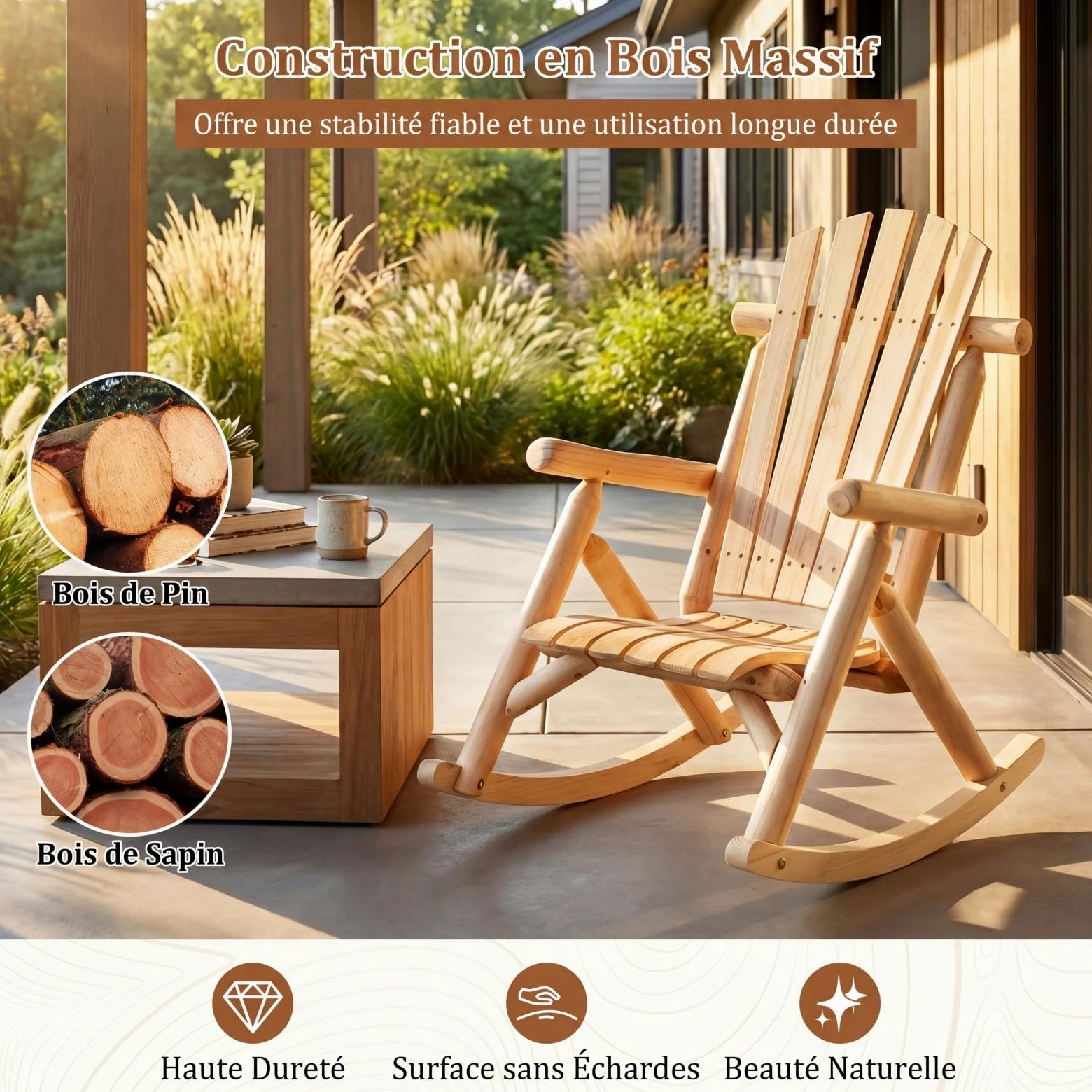COSTWAY Fauteuil à Bascule Adirondack Exterieur Interieur, Rocking Chair en Bois Massif, Siège Incurvé, Haut Dossier Éventail, Chaise pour Jardin Terrasse Balcon, Charge 150 kg, 99 x 68 x 99 cm