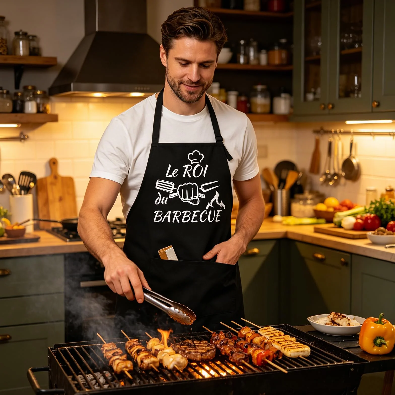 Tablier Cuisine Homme Femme - Tablier Barbecue Humour Réglable Noir Étanche avec Poche, Cadeau Anniversaire Homme Femme, Cadeau Rigolo pour Cuisson en Plein Air, Idéal pour Papa, Maman, Frère et Sœur