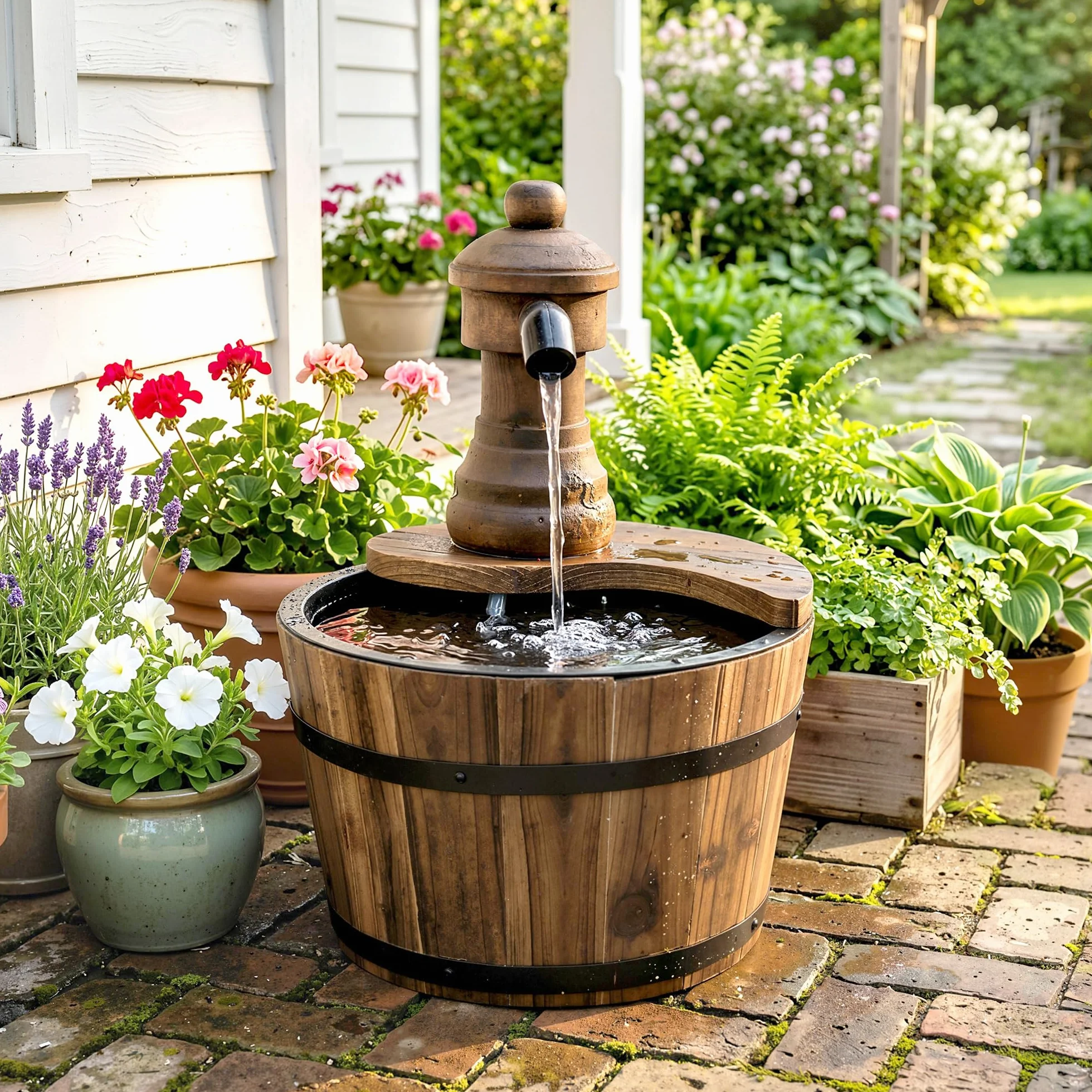 Outsunny Fontaine de Jardin Tonneau Pompe à Eau Submersible Ø 27 x 37H cm Bois de Pin Marron
