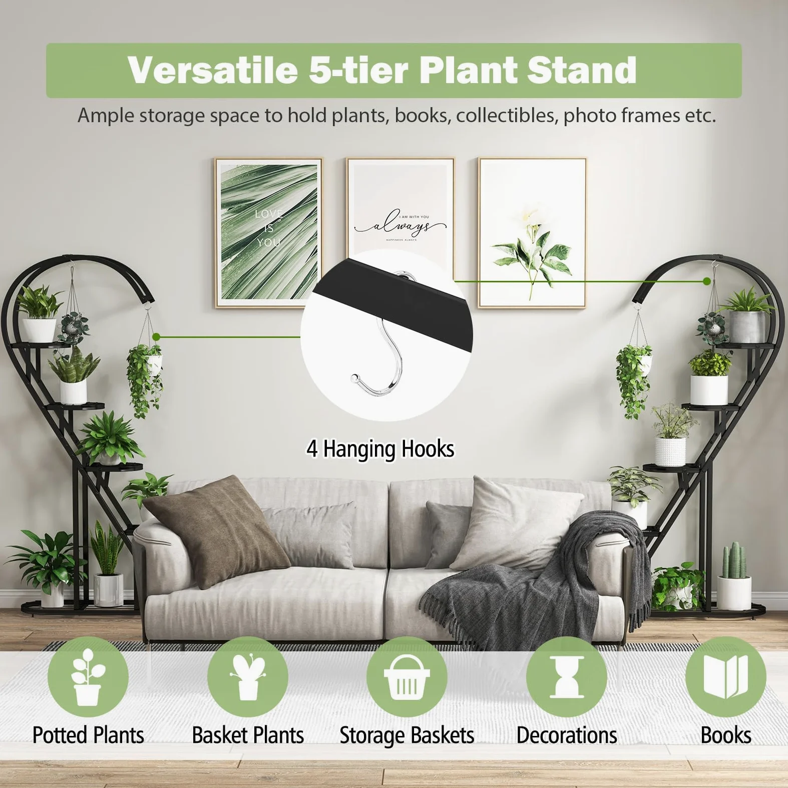 HOMASIS Support pour plantes à 5 étages en métal en forme de cœur - Avec crochets - Pour l'intérieur et l'extérieur - Pour salon, jardin, balcon, terrasse - Noir