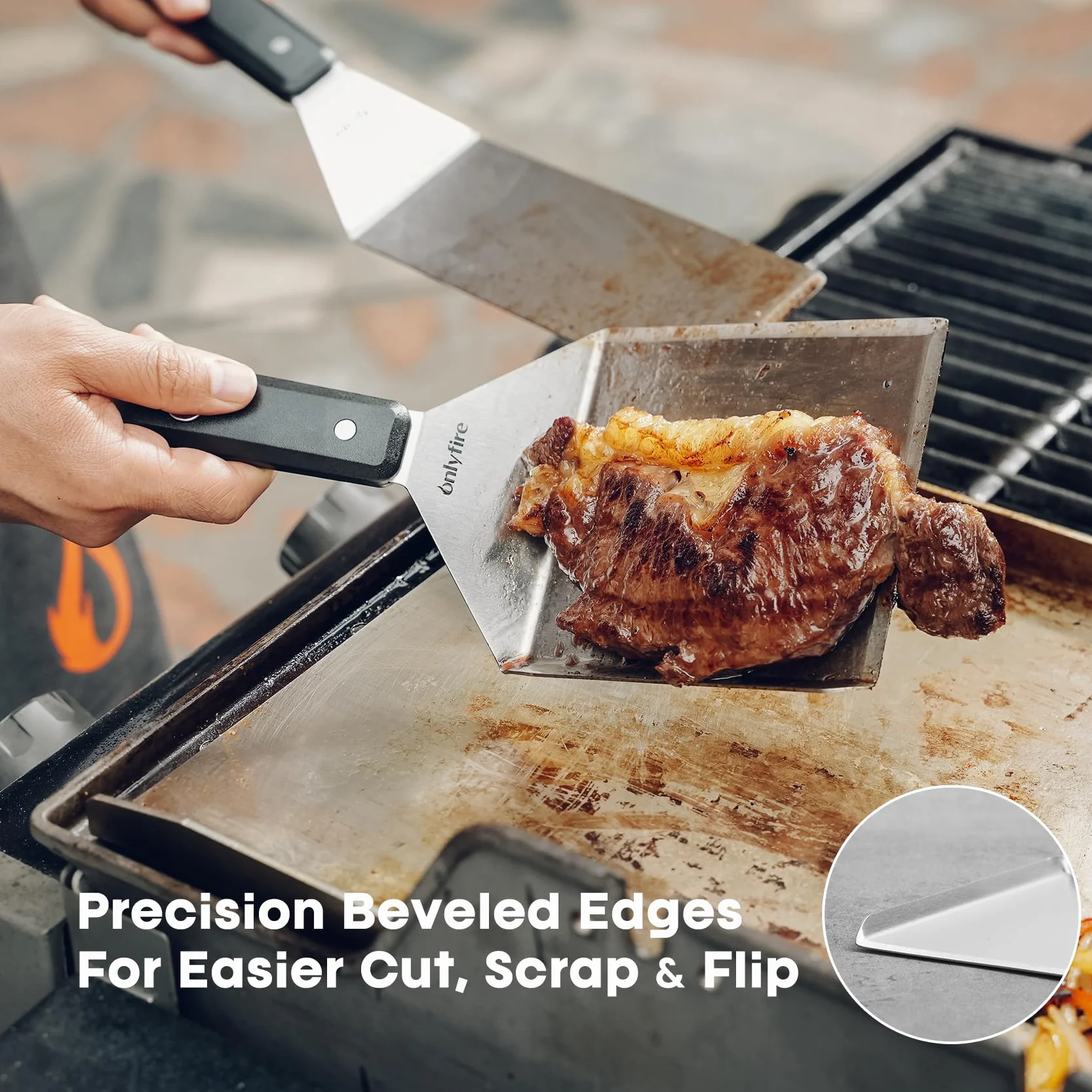 Onlyfire Set de 3 Spatules BBQ Plancha Acier Inoxydable - Spatule à Rebords, Longue et Grattoir - Accessoires Barbecue, Teppanyaki, Smash Burgers