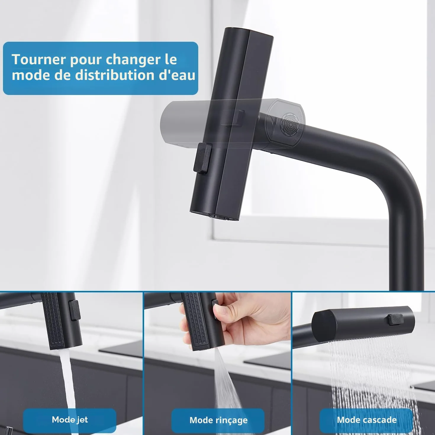 Mitigeur Cuisine Noir Cascade, Douchette Extractible 3 Modes, Robinetterie Evier Escamotable Rotatif 360° Acier Inoxydable