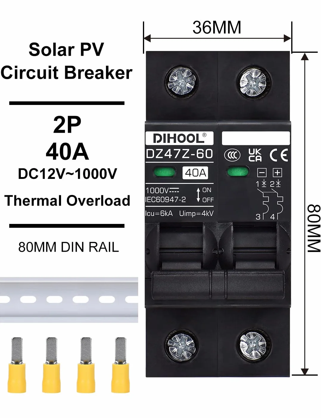 DIHOOL DC disjoncteur 1000VDC solaire PV photovoltaïque automatique 2 pôles 40 ampères
