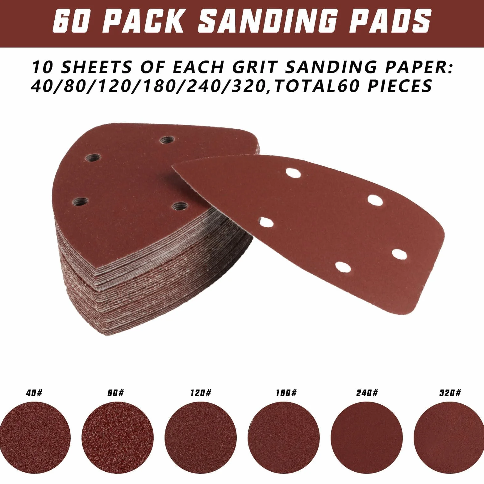 Papier de Verre Triangles de Ponçage 60 Pièces, 5 Trous Feuilles Abrasives Grain P40/80/120/180/240/320 pour Ponceuse Triangulaire