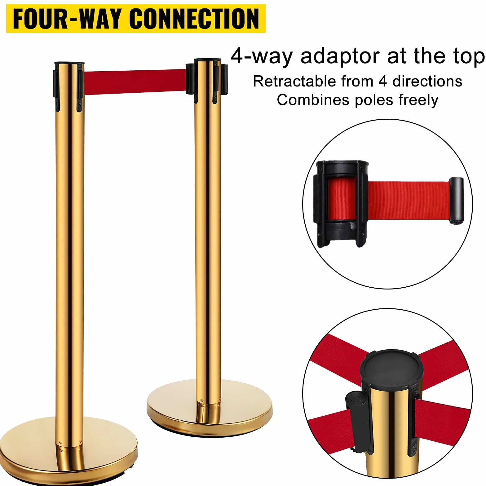 VEVOR Barrière de Balisage Poteau de Guidage Doré 6PCs, Inox, Ceinture Rétractable Rouge 2m