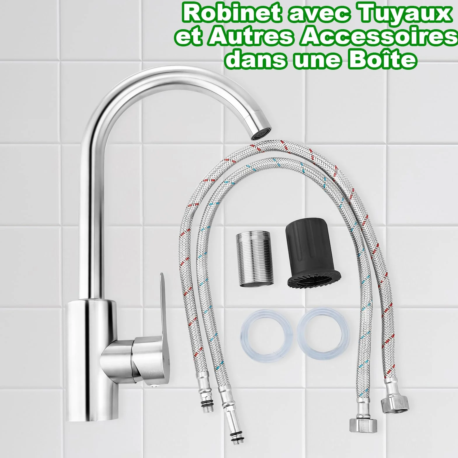 Mitigeur Cuisine Acier Inox Bec Pivotant 360° Monocommande Tuyau Flexible G3/8 x M10