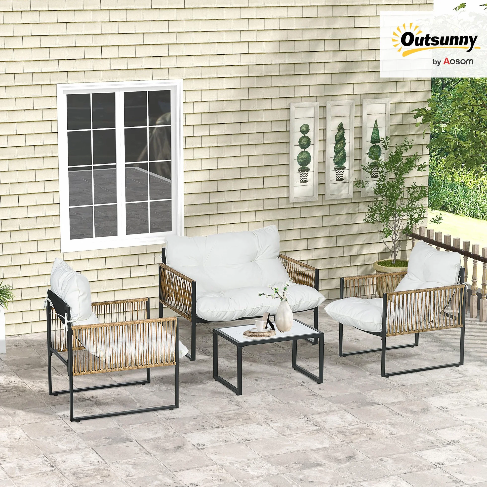 Salon de Jardin extérieur 4 pièces Outsunny canapé 2 places 2 fauteuils table basse plateau verre trempé acier résine tressée crème