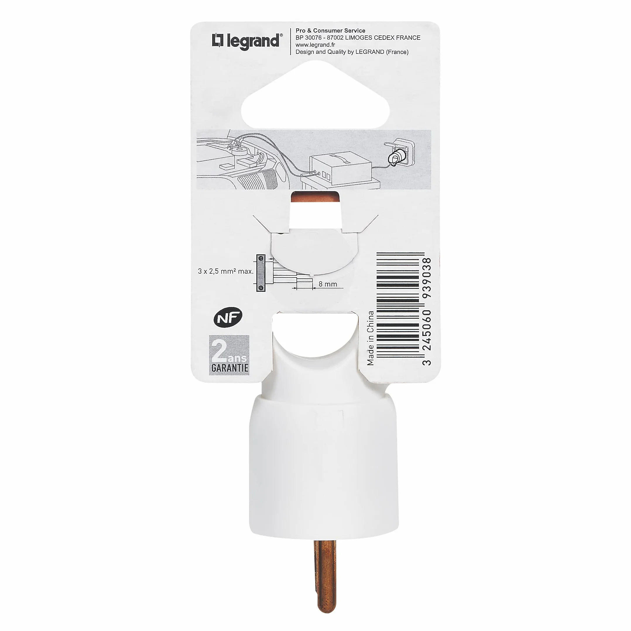 LEGRAND Fiche Mâle Plastique 2P+T 16A Serre-Câble À Vis Blanc