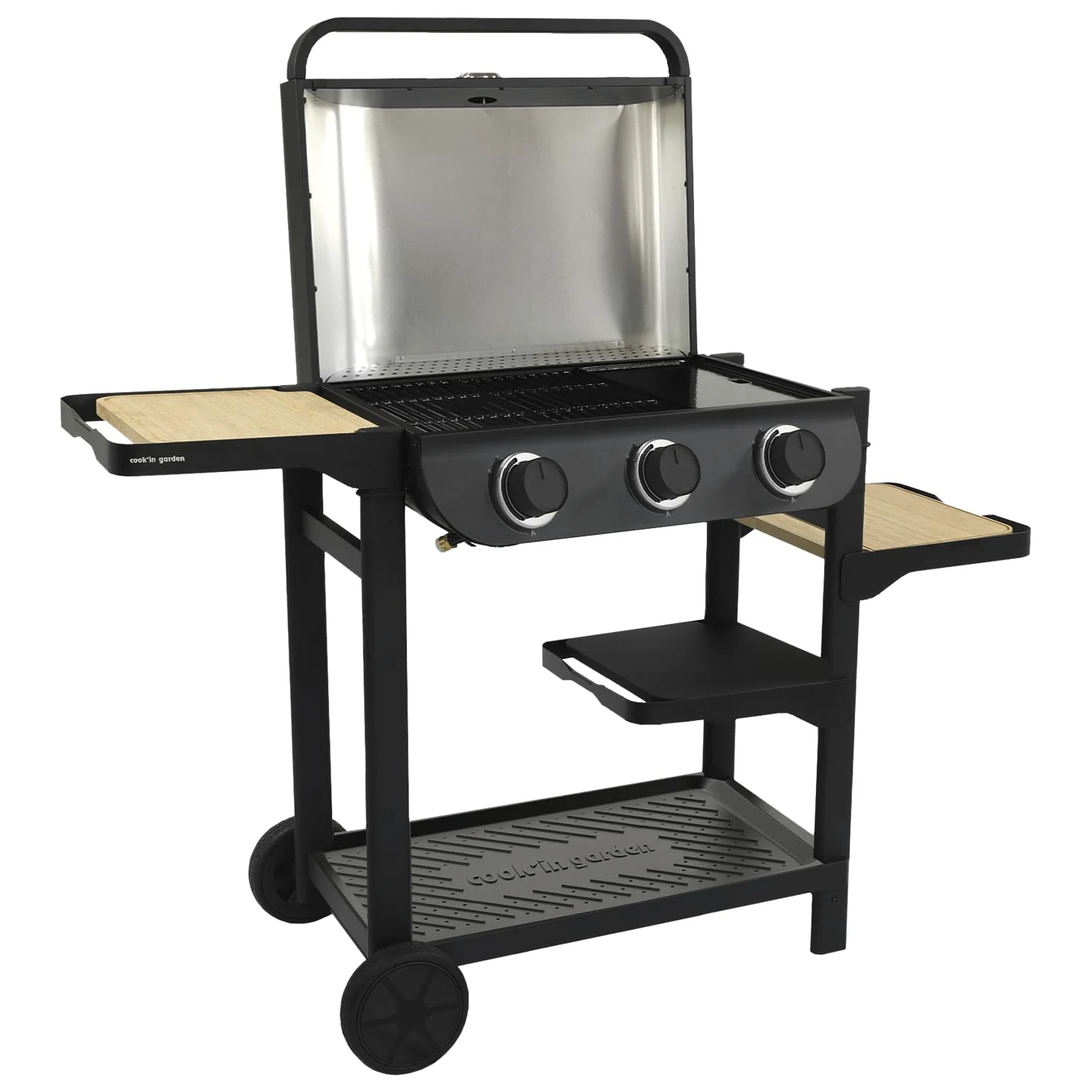 Cook’in Garden - Barbecue Gaz FLAVO 60 sur Chariot, 3 Brûleurs, Fonction Grill et Plancha, Structure Métal, Cuve Acier, Allumage Facile, Capot avec Thermomètre, Idéal Terrasse Extérieur Jardin