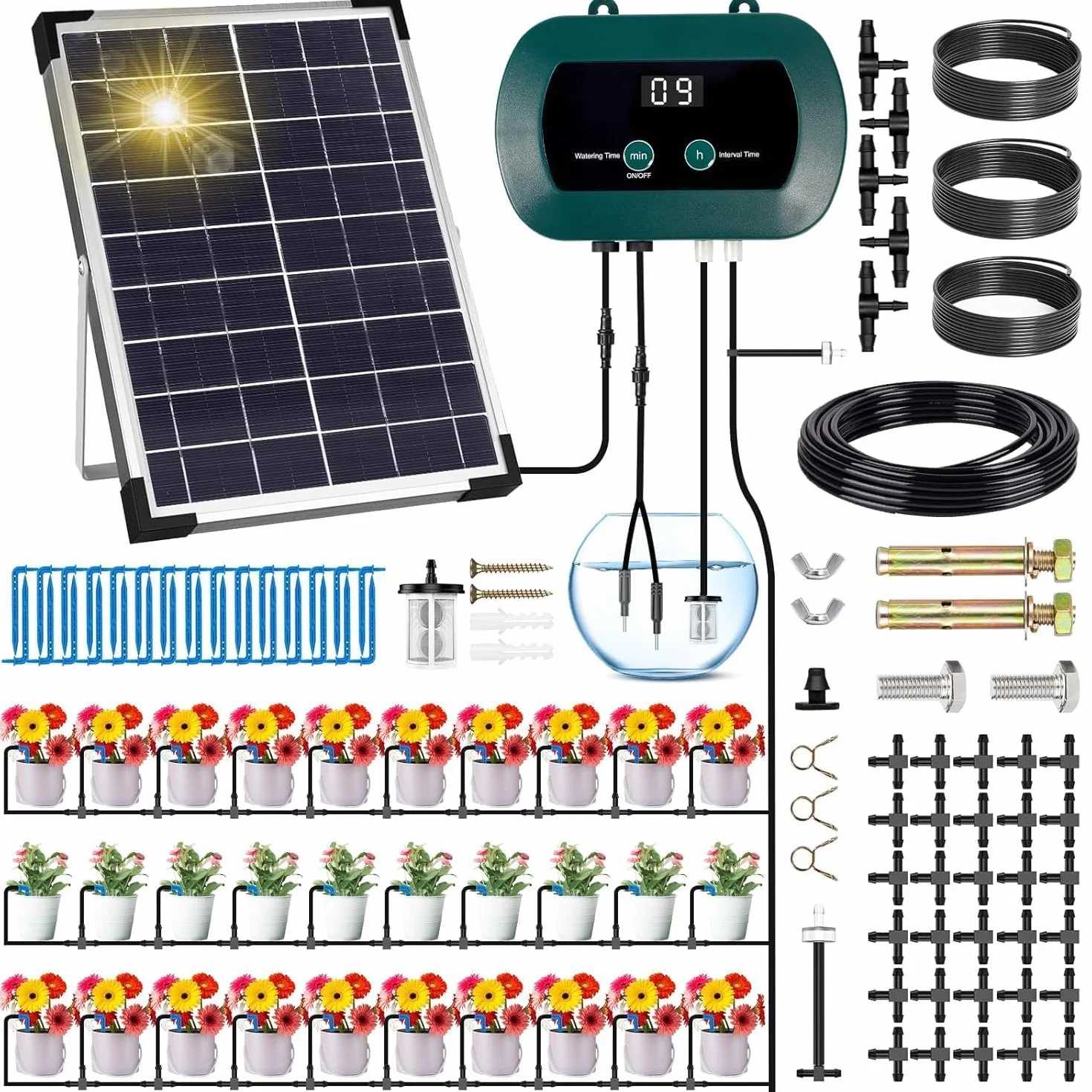 Kit Irrigation Goutte à Goutte Automatique Solaire avec Minuterie Tuyau 35M Jardin
