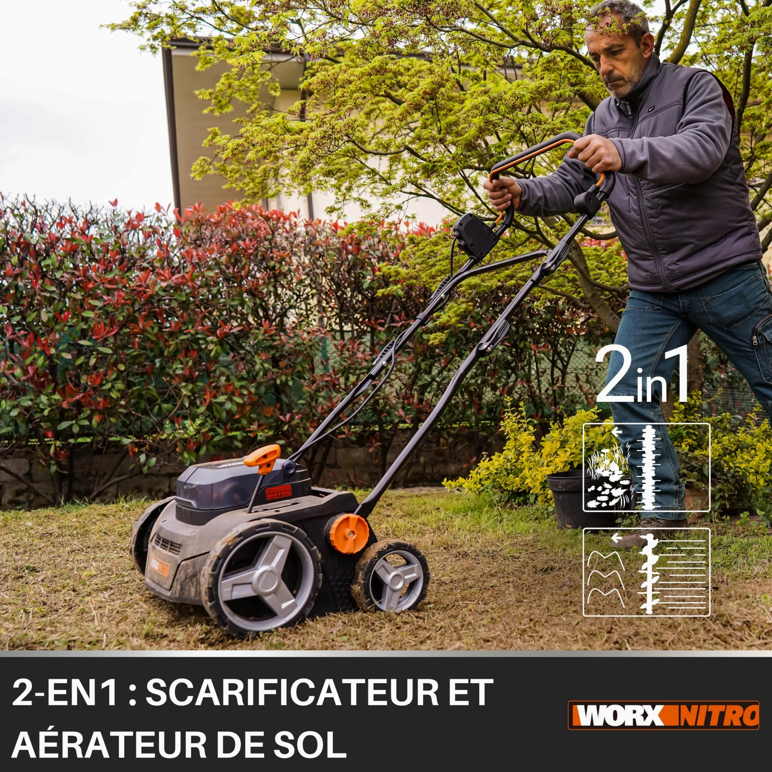 WORX Scarificateur et aérateur sans Fil 40V WG855E.9, Jusqu'à 400m² sur Une Charge, diamètre de 36cm, Sac de 40L, Rouleau d'aération, Rouleau de Scarification, Livré sans Batterie ni Chargeur