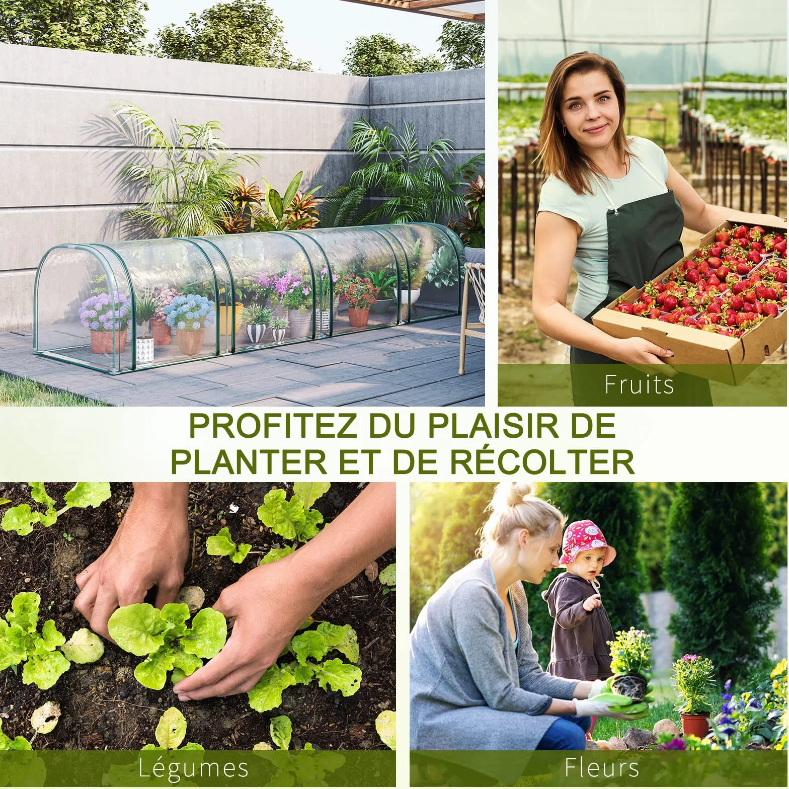 Outsunny Mini Serre de Jardin, Mini Serre Tunnel, Serre à Tomates 3,95L x 1l x 0,8H m, Acier, PVC Haute Densité Anti-UV, 4 Fenêtres avec Zip Enroulables, Vert et Transparent