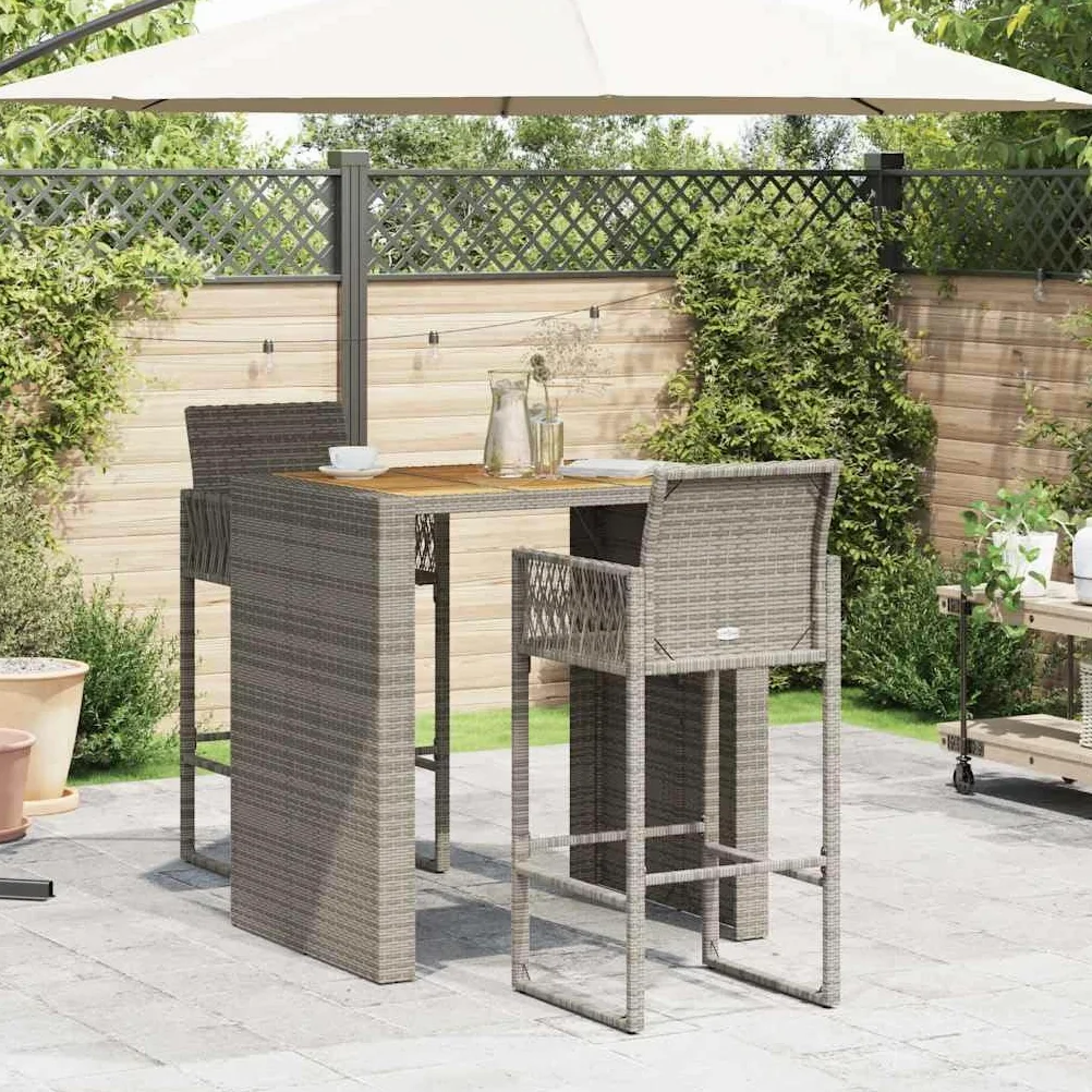 vidaXL Ensemble de Bar de Jardin 3 pcs sans Coussins Gris Poly rotin, Ensemble de Table de Bar, Table et Chaise de Bar, Ensemble Table de Bar et Tabouret