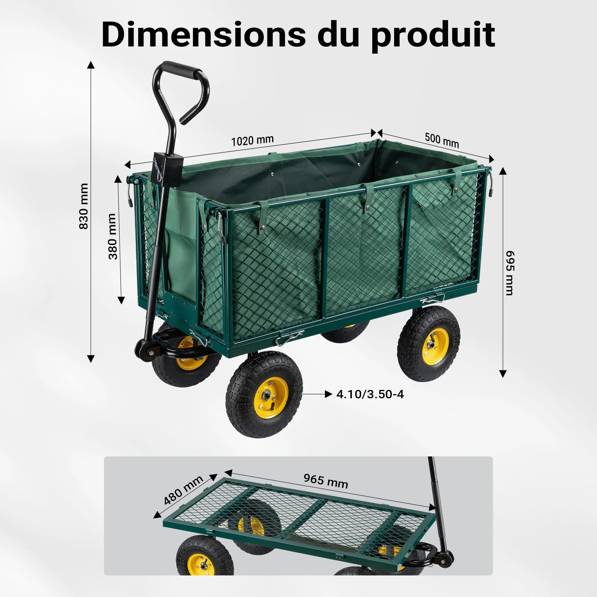 Wiltec Chariot Transport XXL Pliable – 1140 x 520 x 1050 mm – capacité 550 kg – avec Bâche Amovible, Pneus Robustes et Grille de Rangement – Diable Jardin Jardinage Outils Outillage