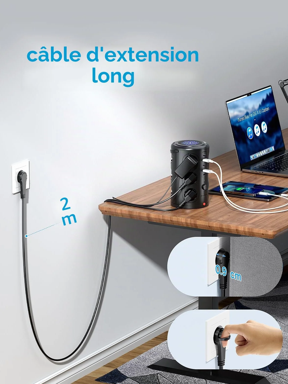 Tour Multiprise Parafoudre 12 Prises 5 USB 2M Cordon Noir