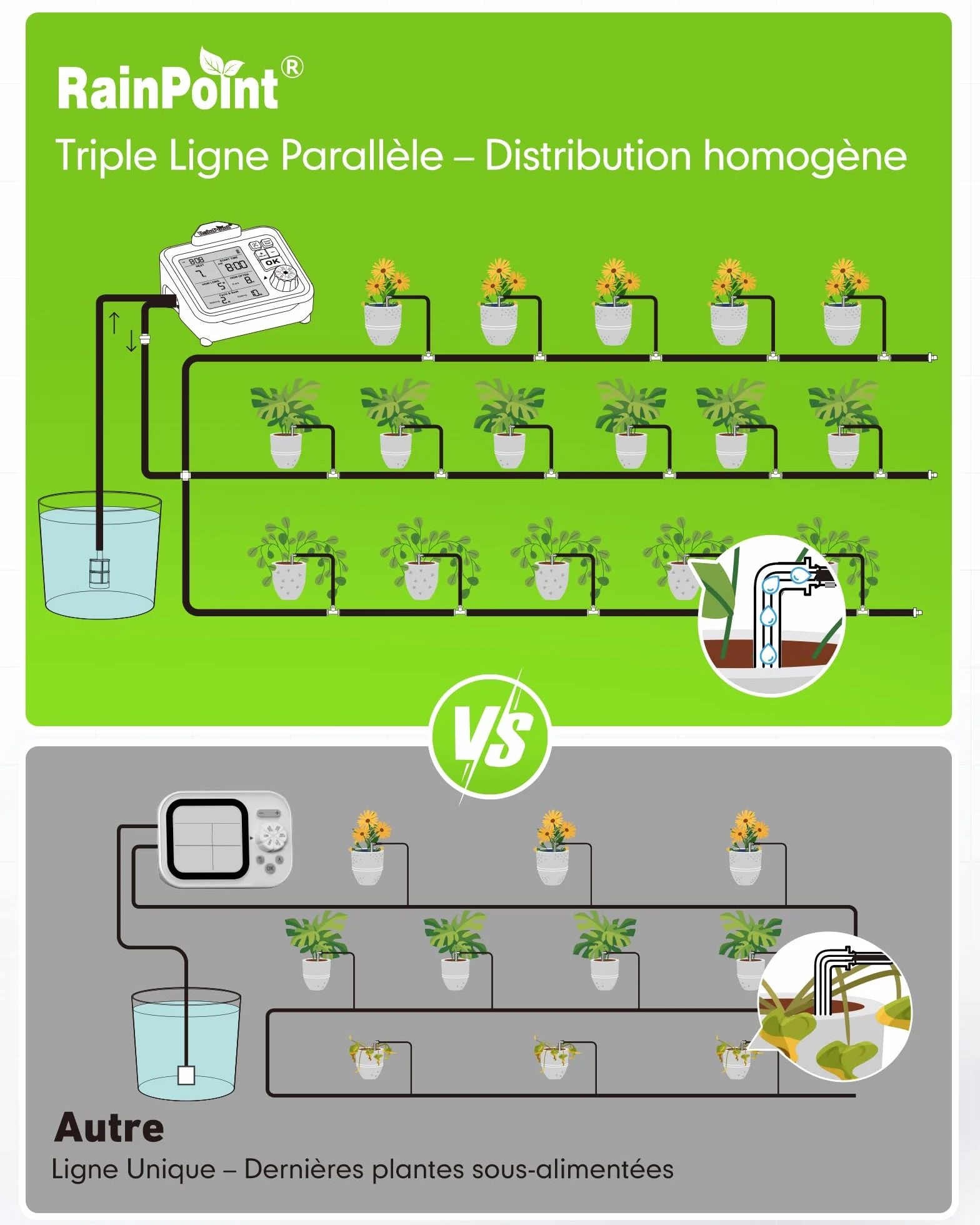 RAINPOINT Système d'irrigation automatique goutte à goutte rechargeable pour 20 plantes d'intérieur