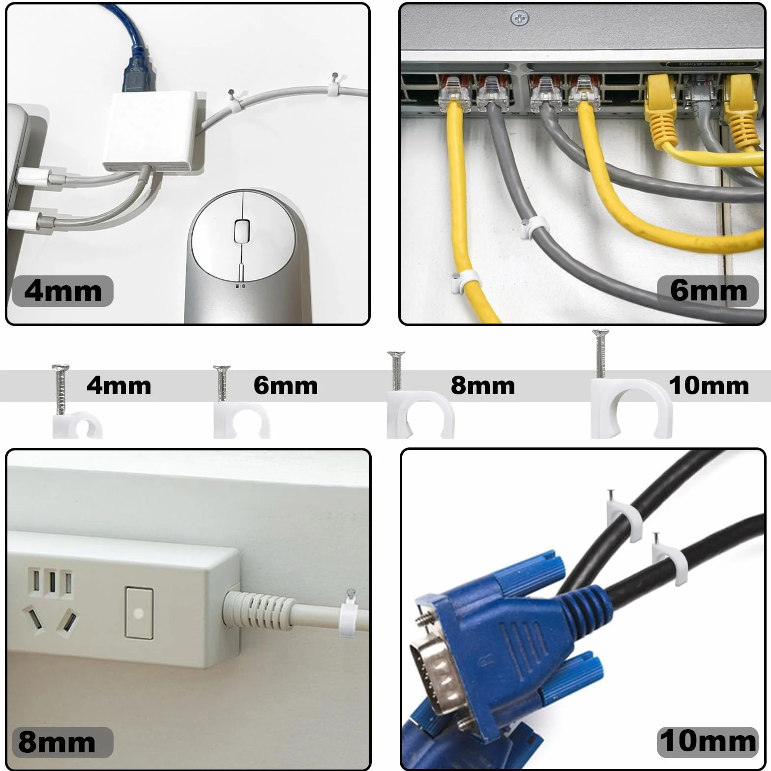 Clips Cablowe z Gwoździem, Białe 6mm, 100 Sztuk, Do Kabli Elektrycznych