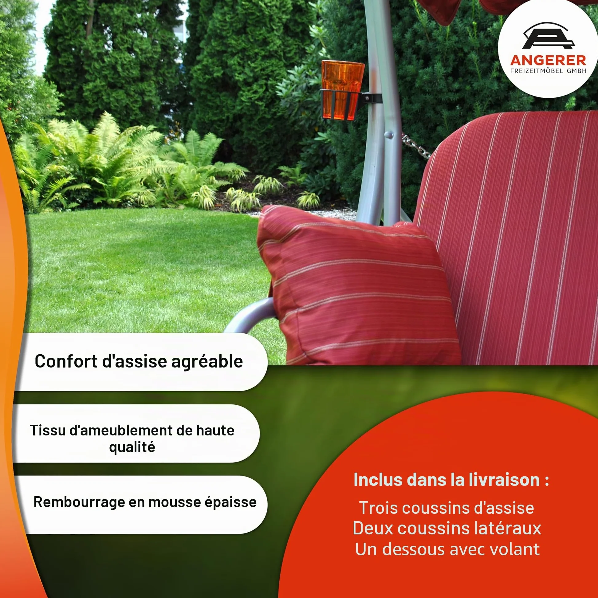 Angerer Balancelle de Jardin Ibiza, 3 Places, Convertible en Lit, Acier Galvanisé, Toit Réglable, 210 x 145 x 160 cm, Capacité 270 kg, Made in Germany (Rayures Vertes)